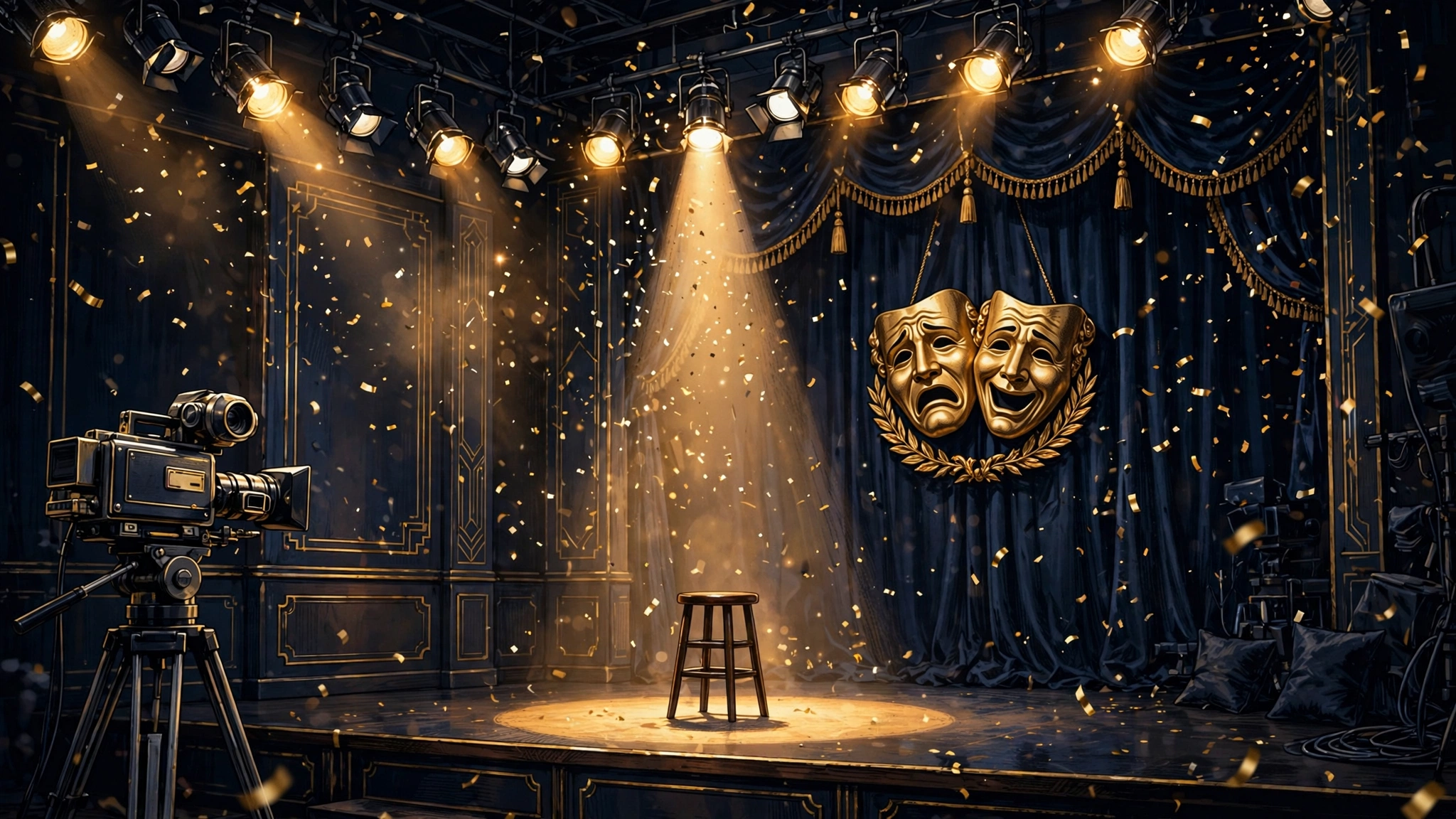 Illustrated 1980s television studio stage evoking Martin Short's sketch-comedy roots
