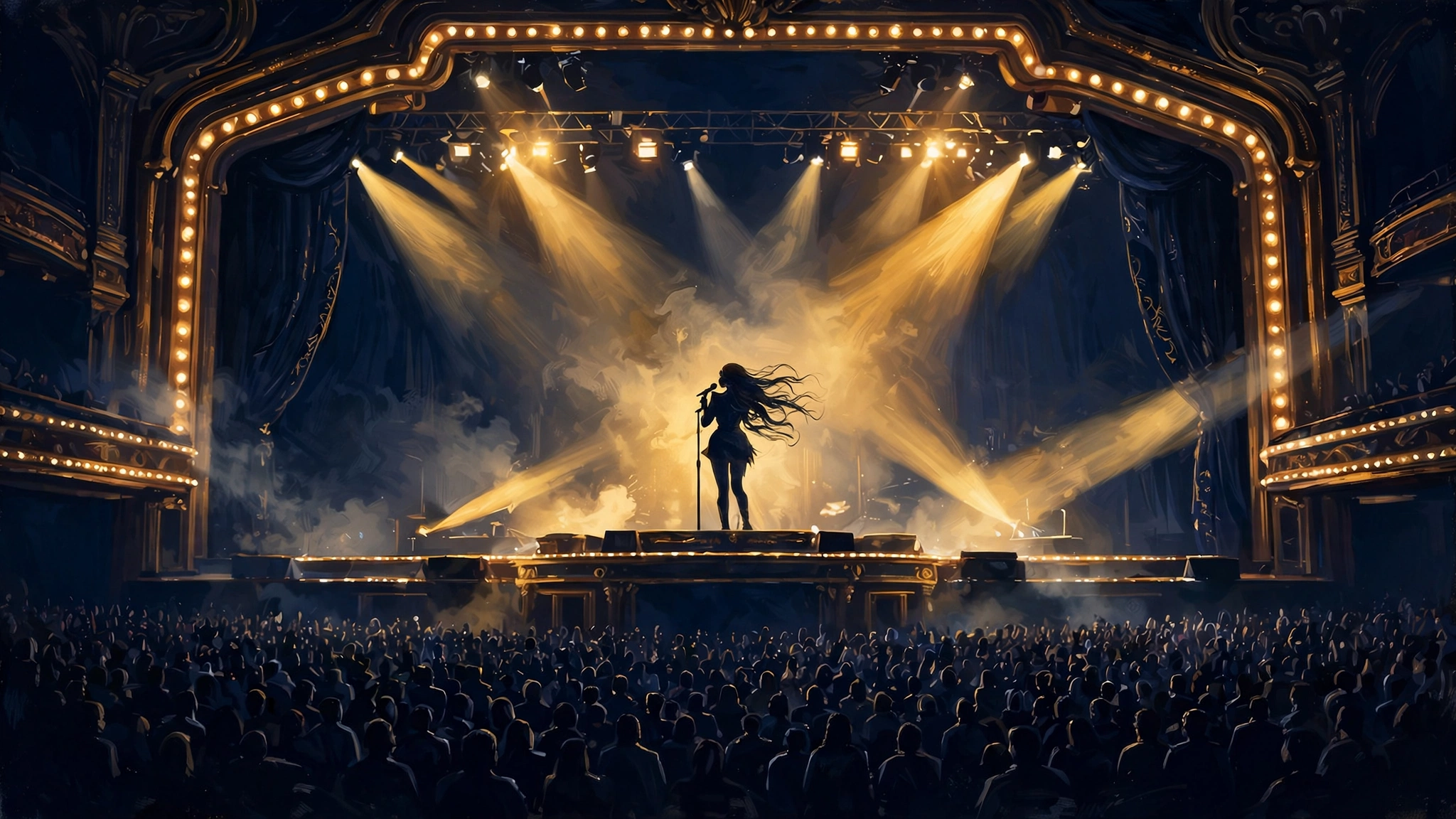 Illustrated concert stage scene with golden spotlights and a silhouetted performer, evoking Mary J. Blige's Las Vegas residency
