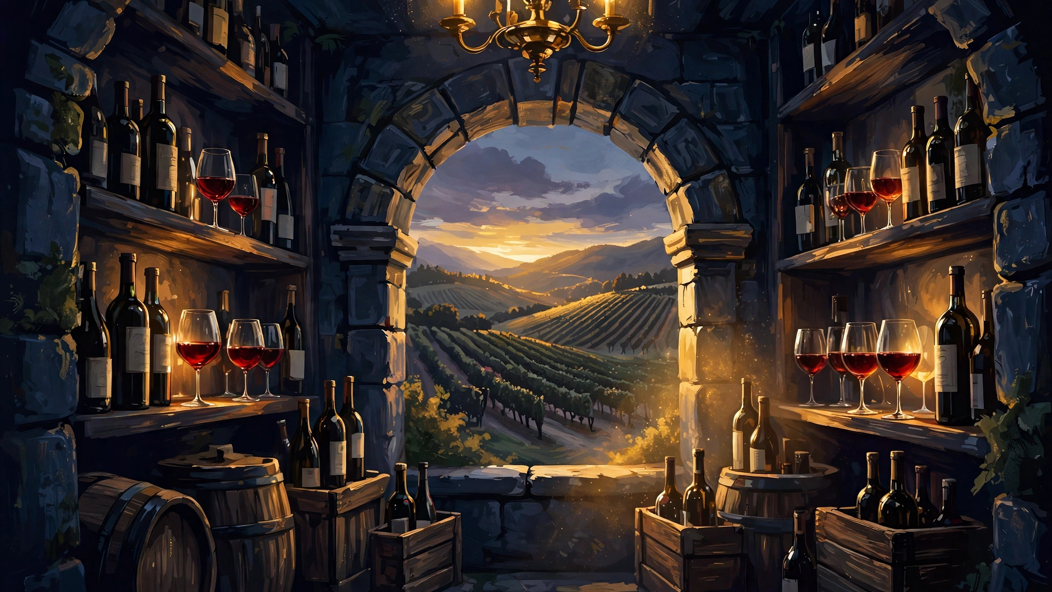 Illustrated wine cellar scene with golden light on bottles and glasses, evoking Mary J. Blige's Sun Goddess wine brand