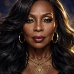 Illustrated portrait of Mary J. Blige in dark navy and gold