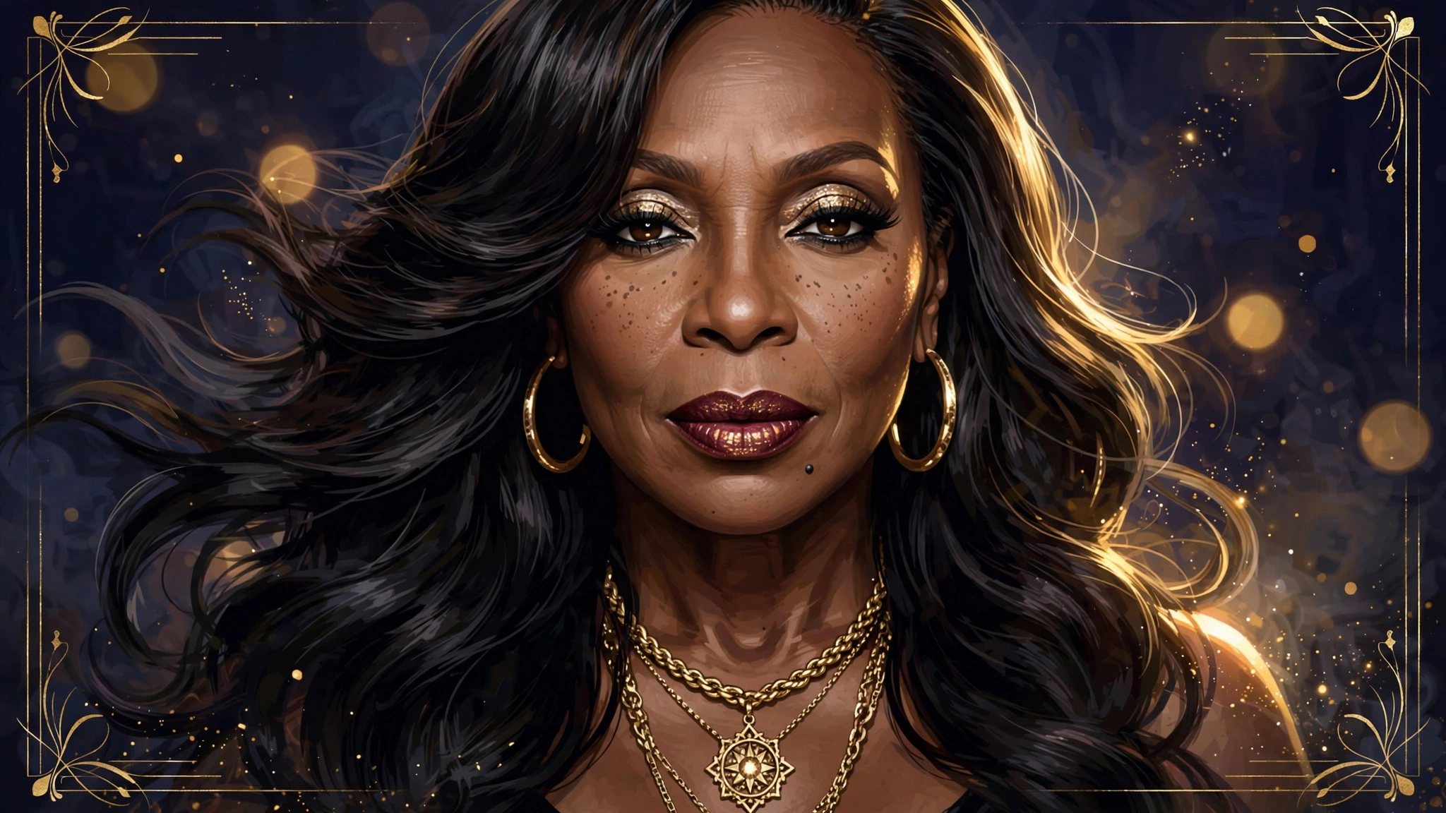 Illustrated portrait of Mary J. Blige in dark navy and gold