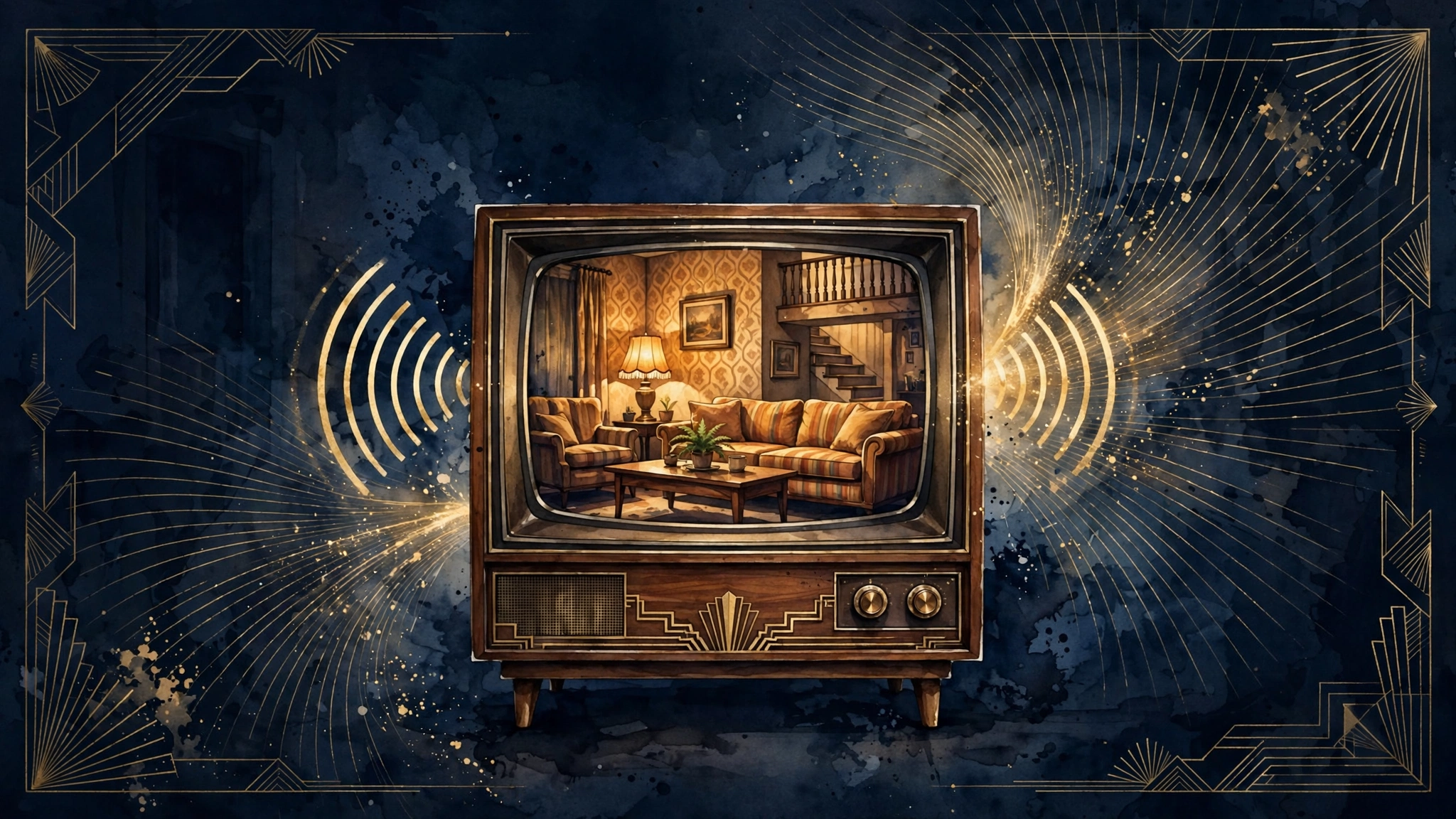 Illustration of a vintage 1970s television set showing a retro sitcom living room, symbolizing decades of Brady Bunch reruns