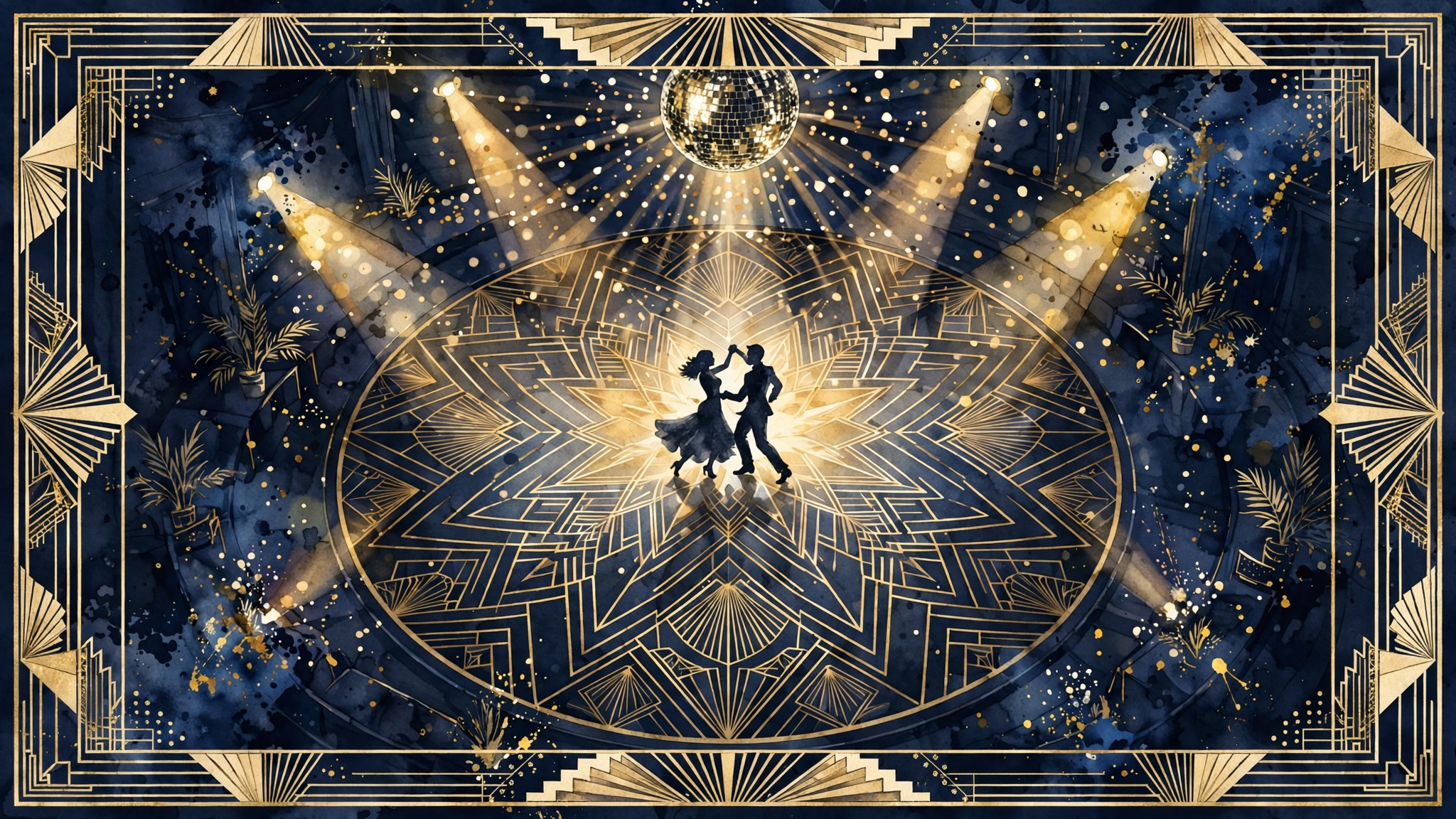 Illustration of a glamorous ballroom dance floor with a dancing couple under golden spotlights, evoking Maureen McCormick's Dancing with the Stars run