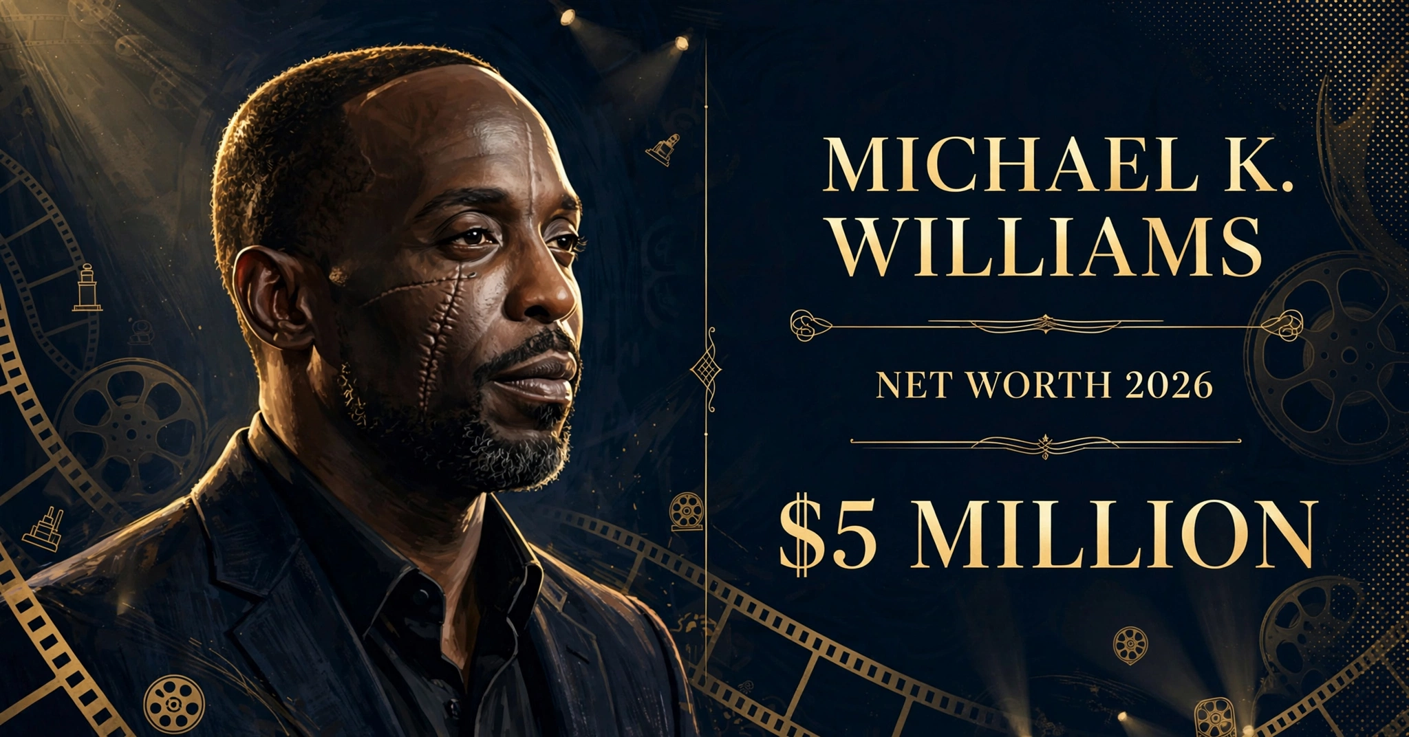 Michael K. Williams net worth 2026: illustrated portrait of the late actor with the estimated $5 million figure at the time of his death