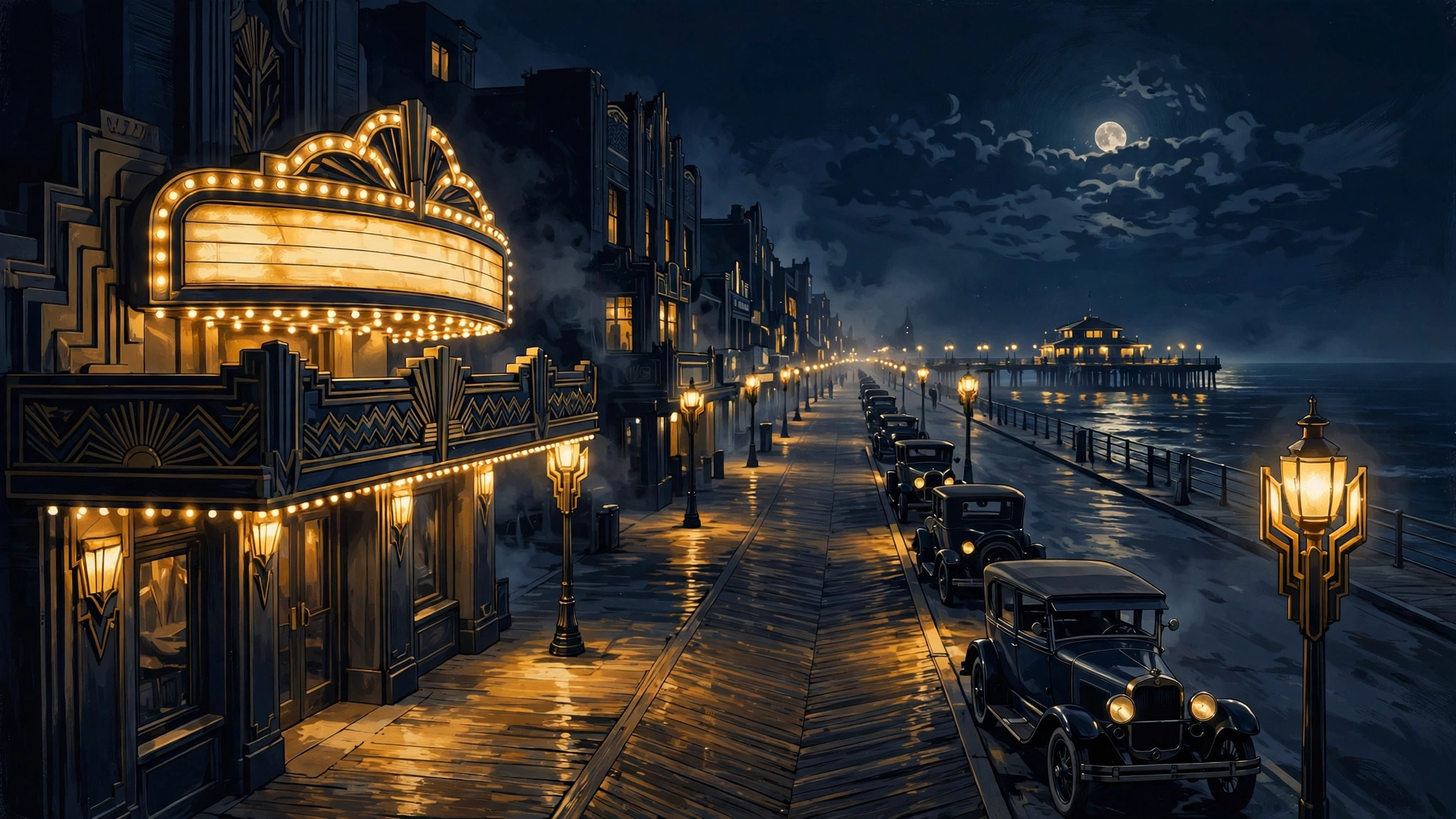 1920s Atlantic City boardwalk at night — Boardwalk Empire era