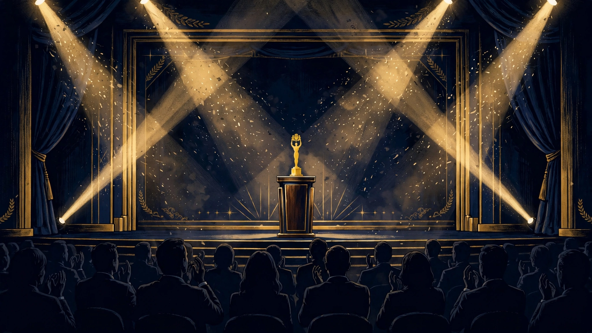 Awards stage with golden statuette under spotlights — five Emmy nominations