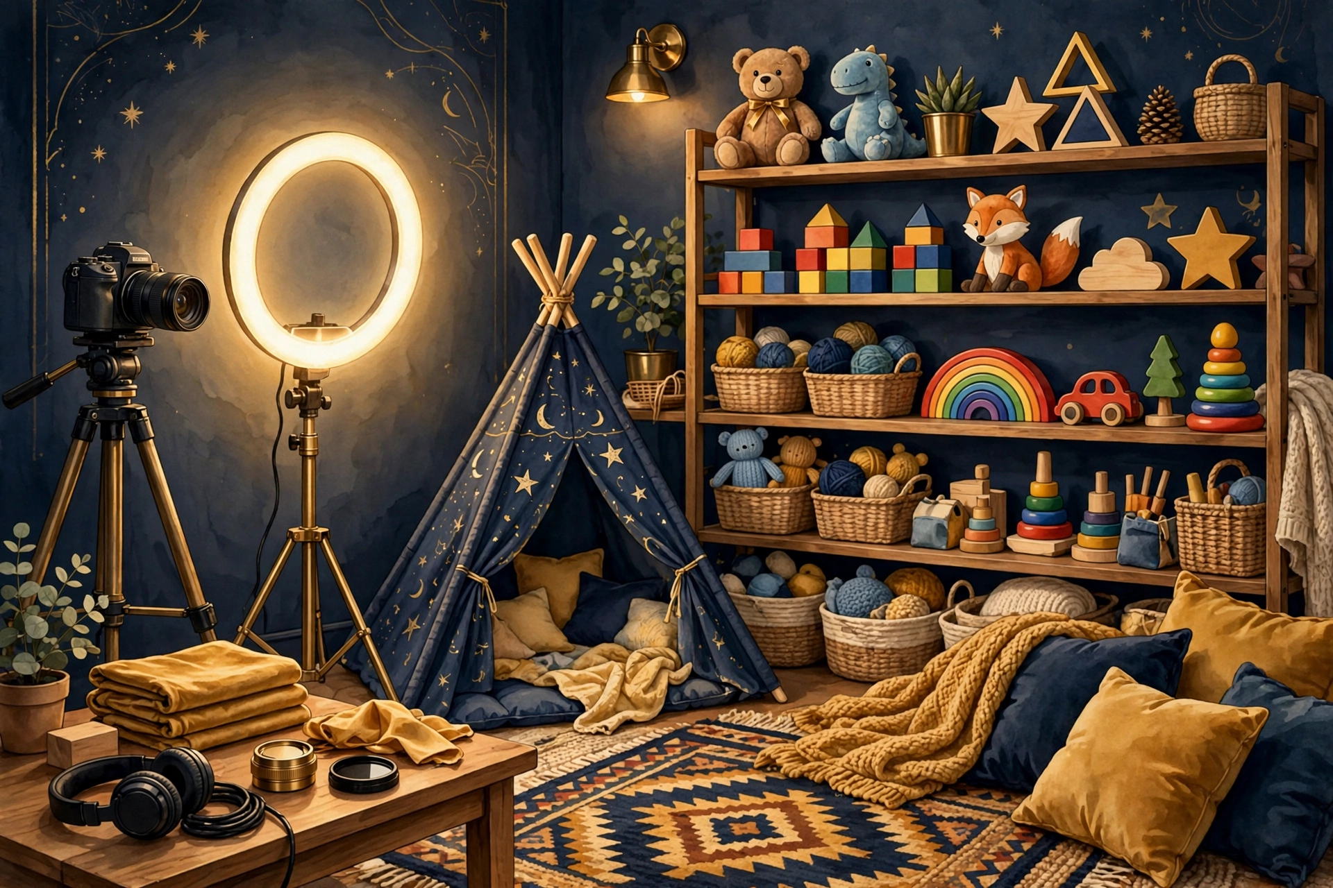 Illustrated cozy playroom studio with camera — Ms. Rachel YouTube engine