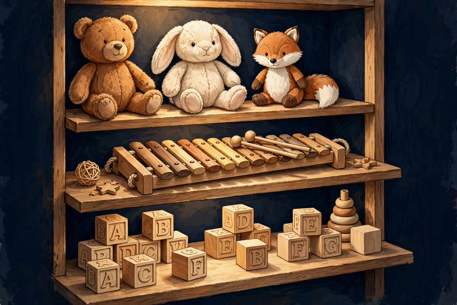 Illustrated wooden toy shelf with plush animals — Ms. Rachel Spin Master toys