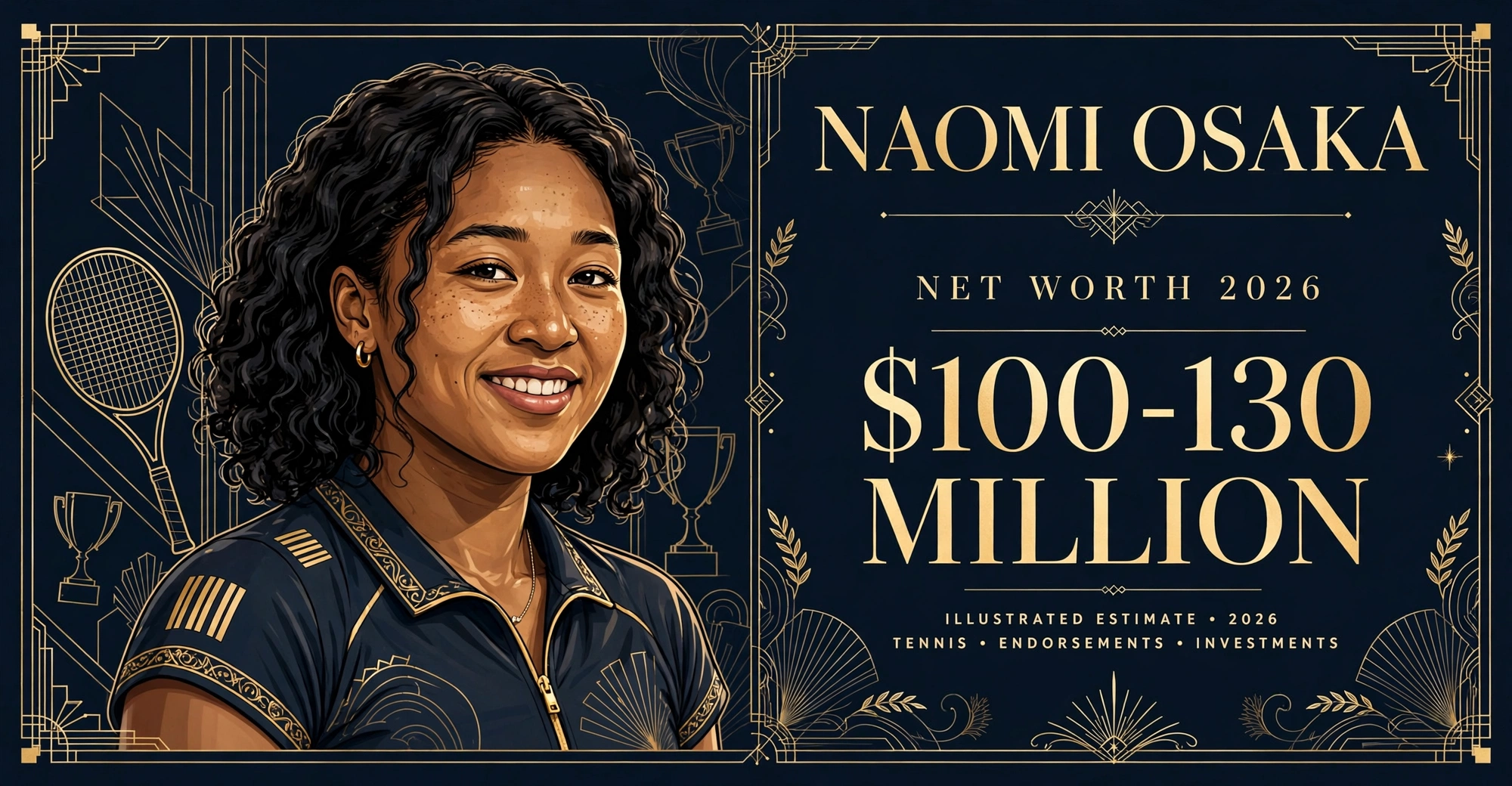 Naomi Osaka net worth 2026 — estimated $100 to $130 million fortune infographic