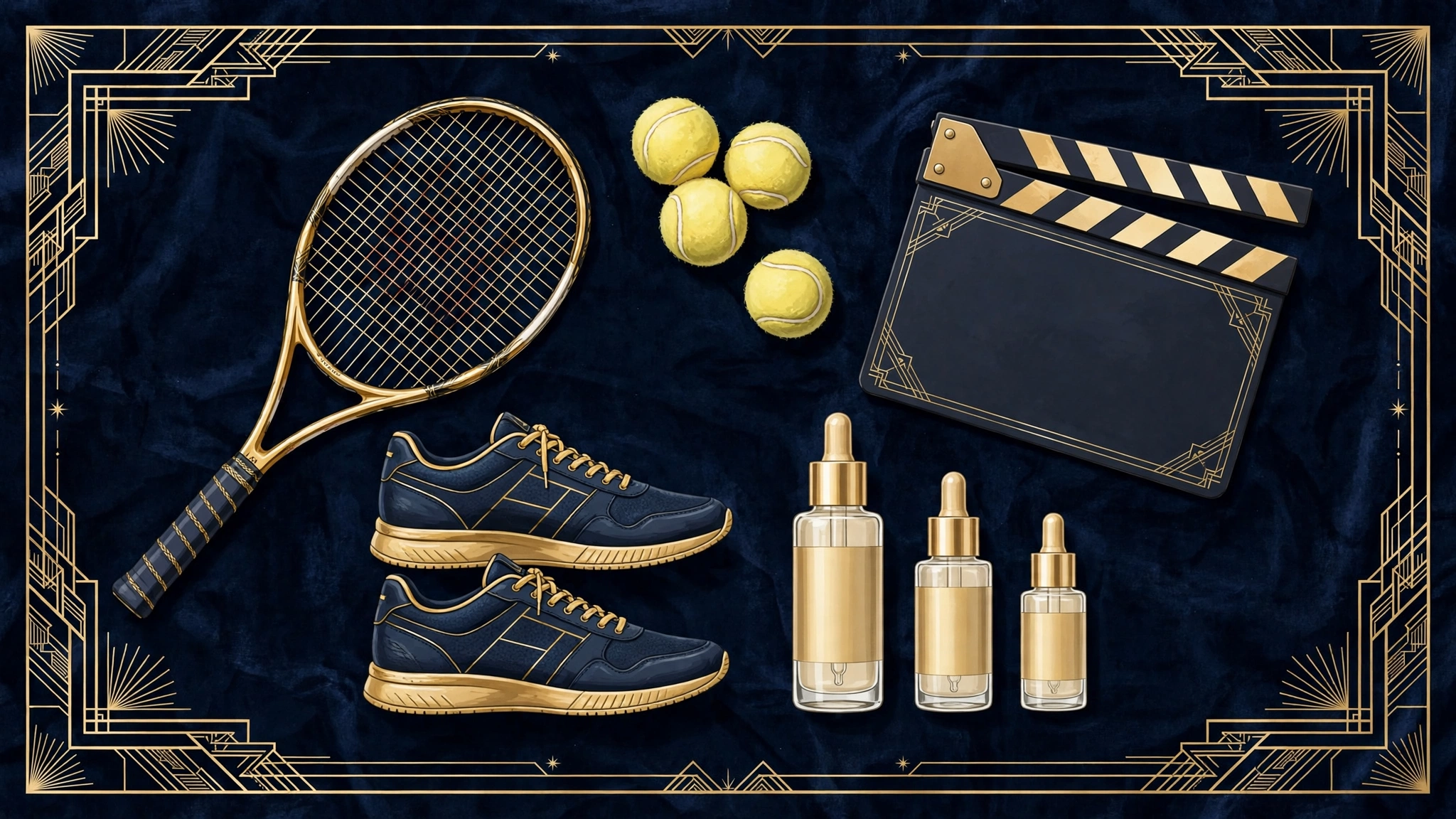 Illustration of Naomi Osaka's endorsement and business portfolio — tennis gear, skincare products, and media branding