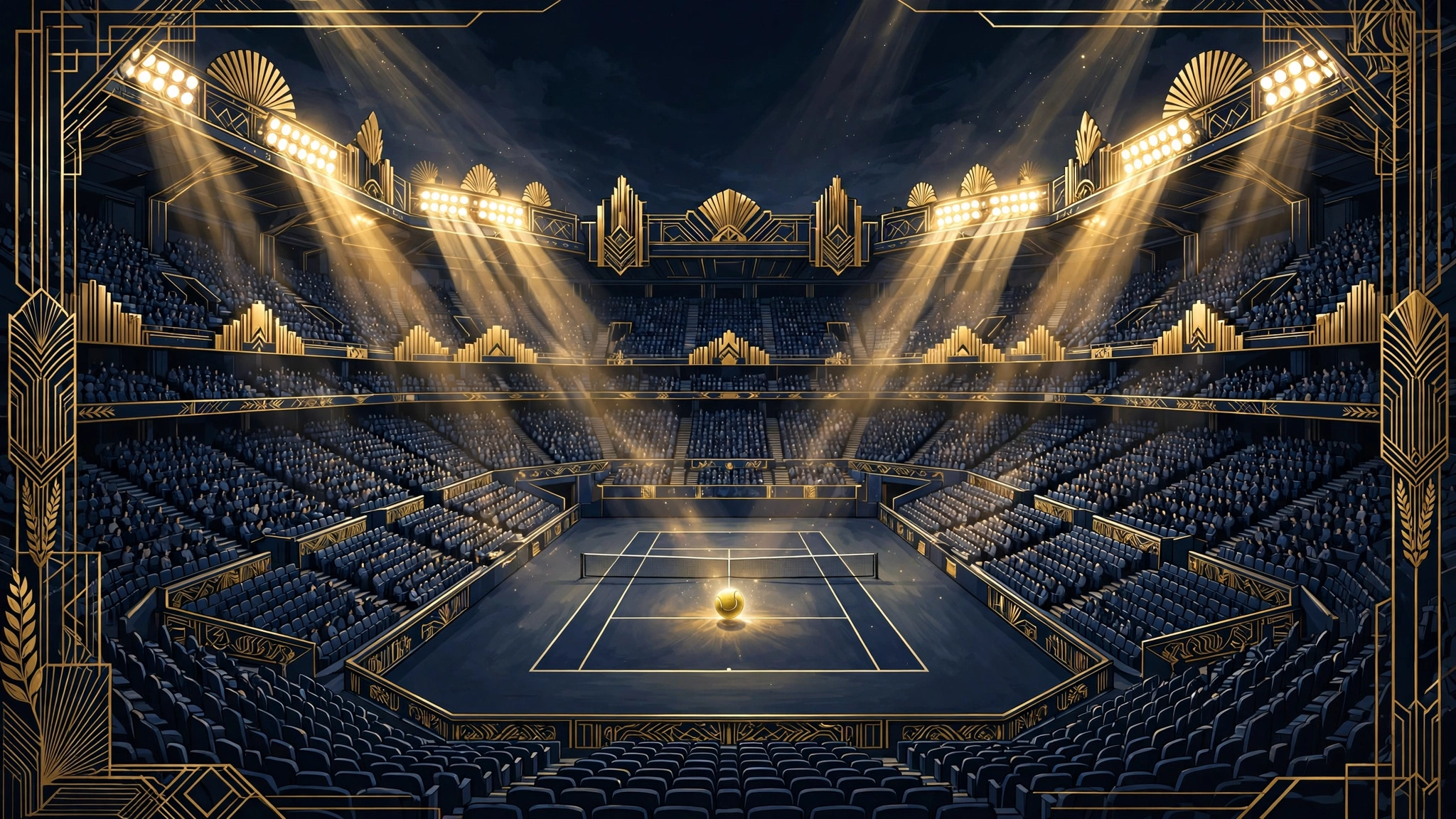 Illustration of Naomi Osaka's 2026 comeback season — tennis stadium under night lights