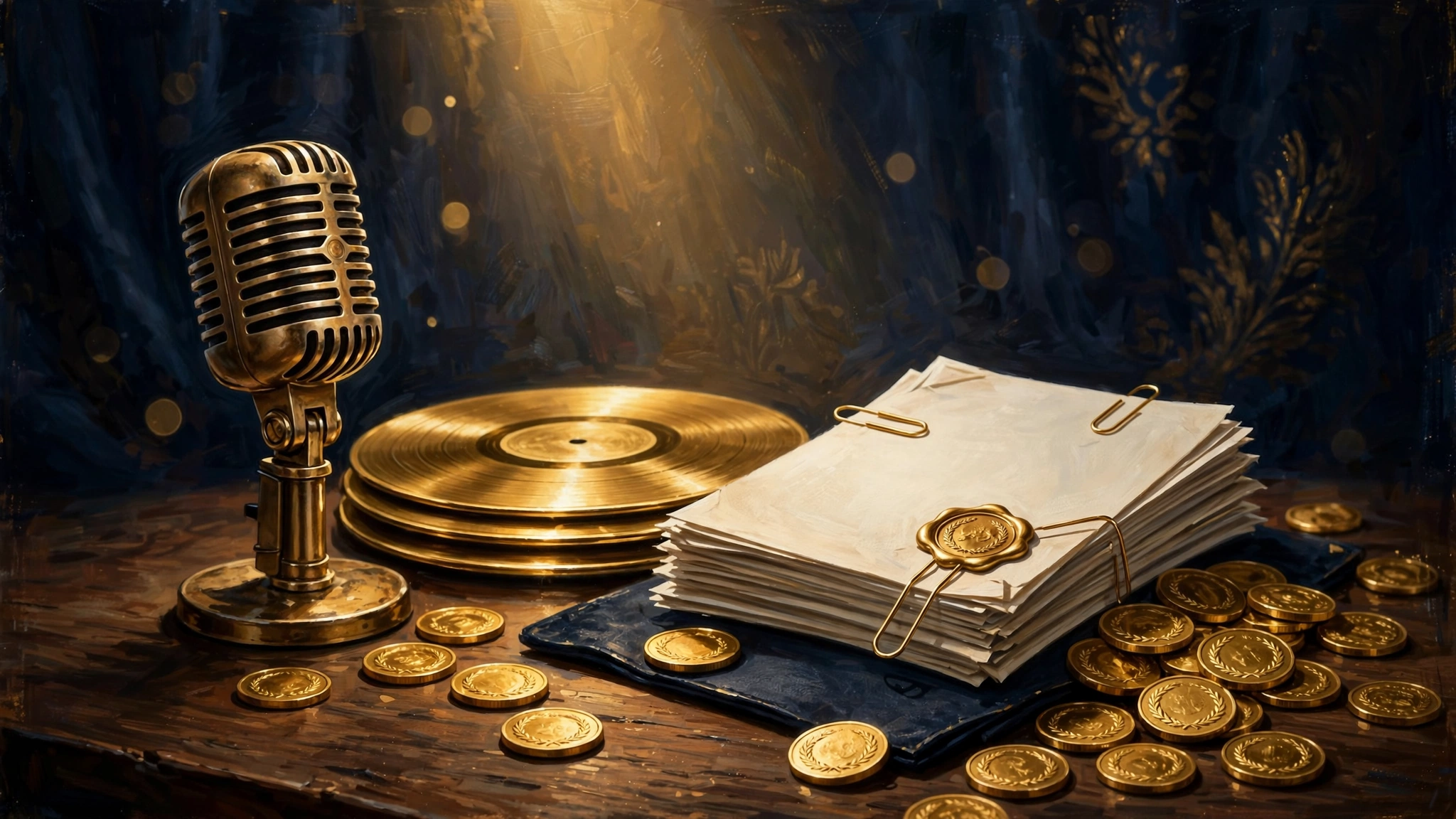 Illustrated concept of Nelly's music catalog deal — gold vinyl records, a vintage studio microphone, and contract documents on a dark navy background