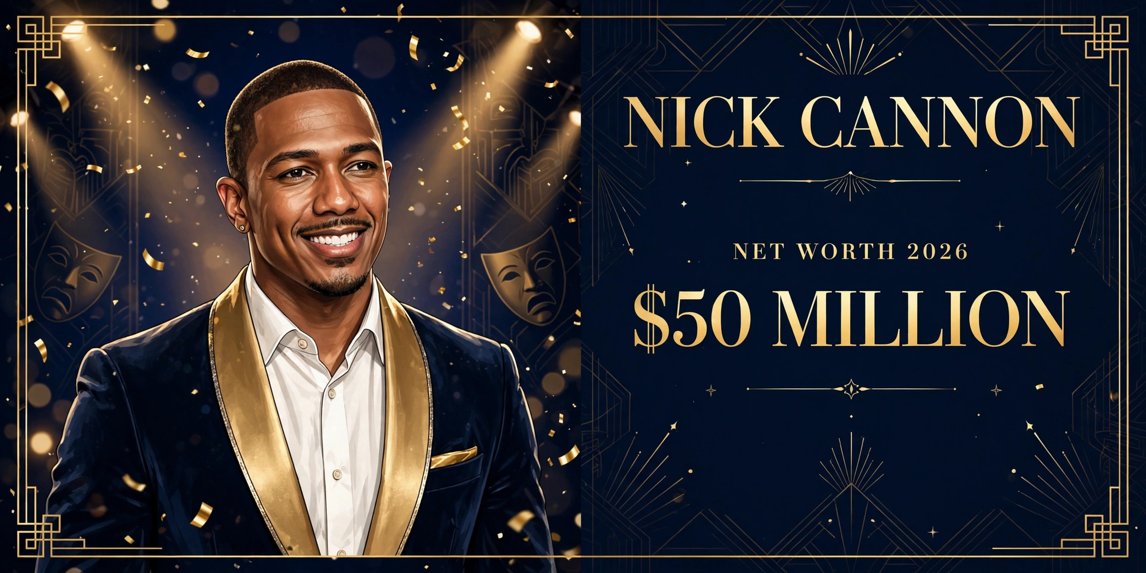 Nick Cannon net worth 2026 — estimated $40 to $60 million fortune infographic