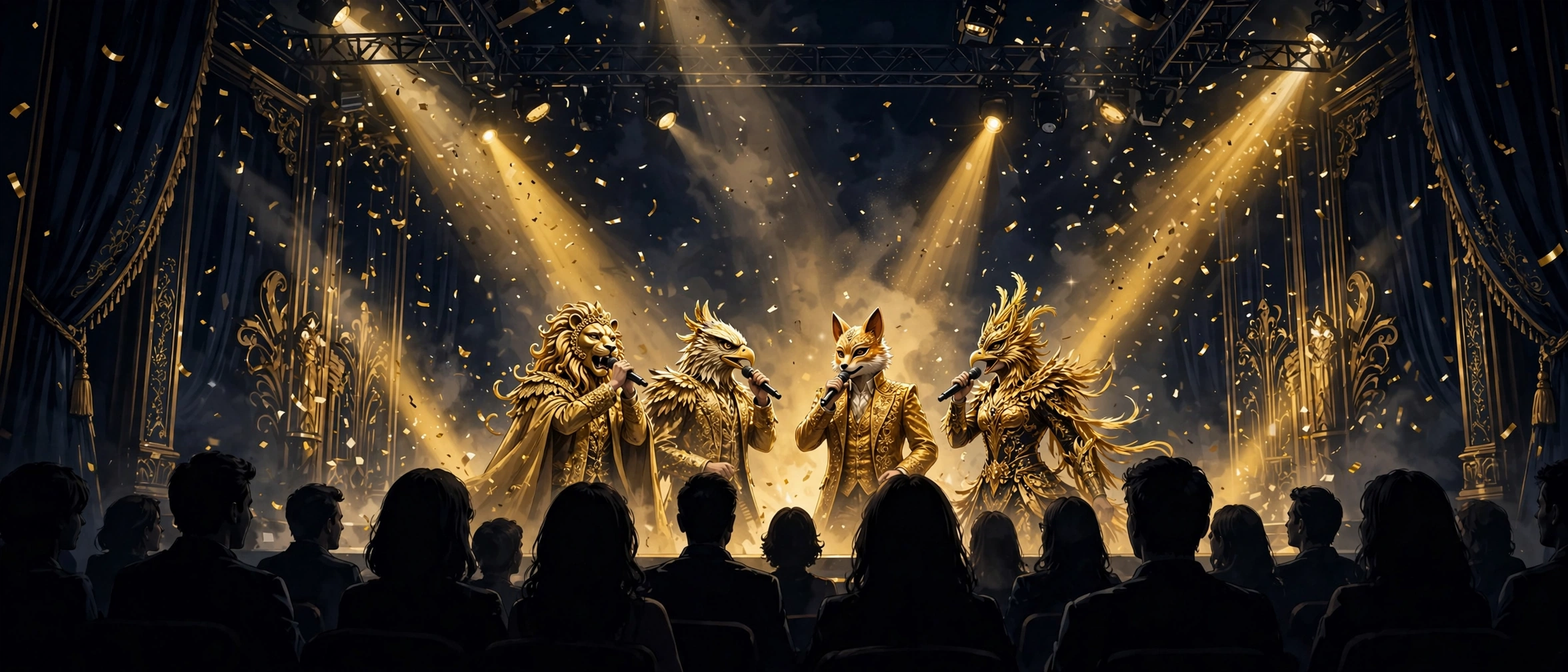 Illustrated Masked Singer-style stage scene with masked performers and golden spotlights, representing Nick Cannon's Fox hosting empire