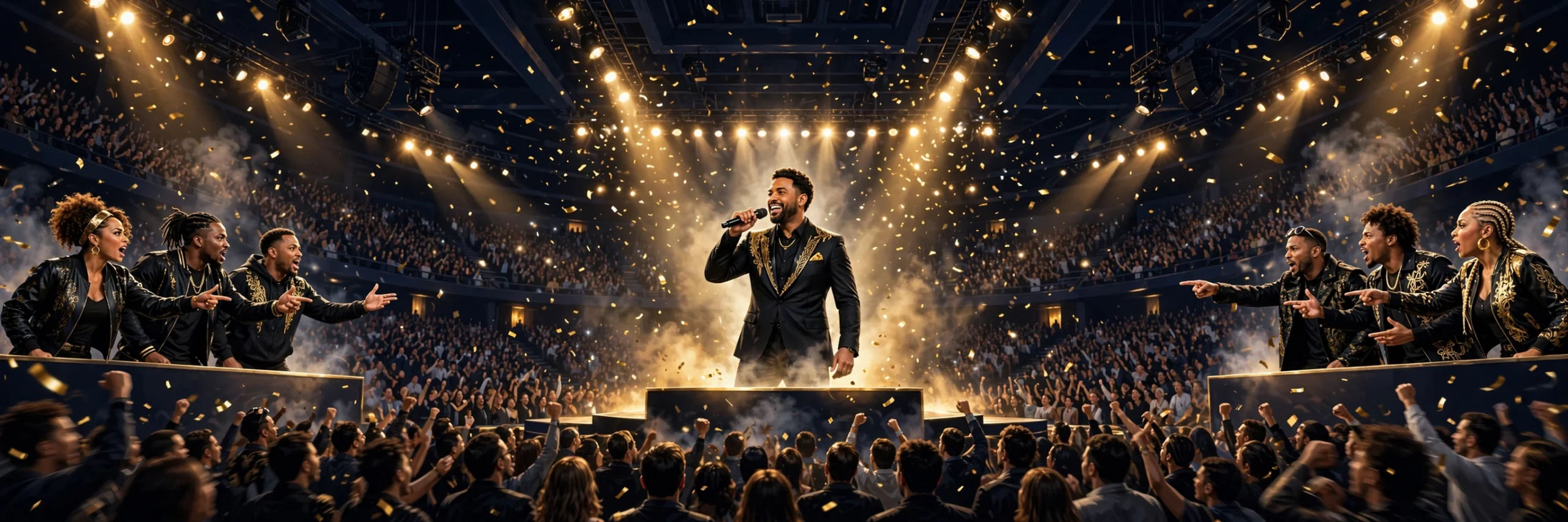 Illustrated arena comedy show scene with host on stage, freestyle battle lights, and crowd, representing the Wild'N Out Live 2026 tour