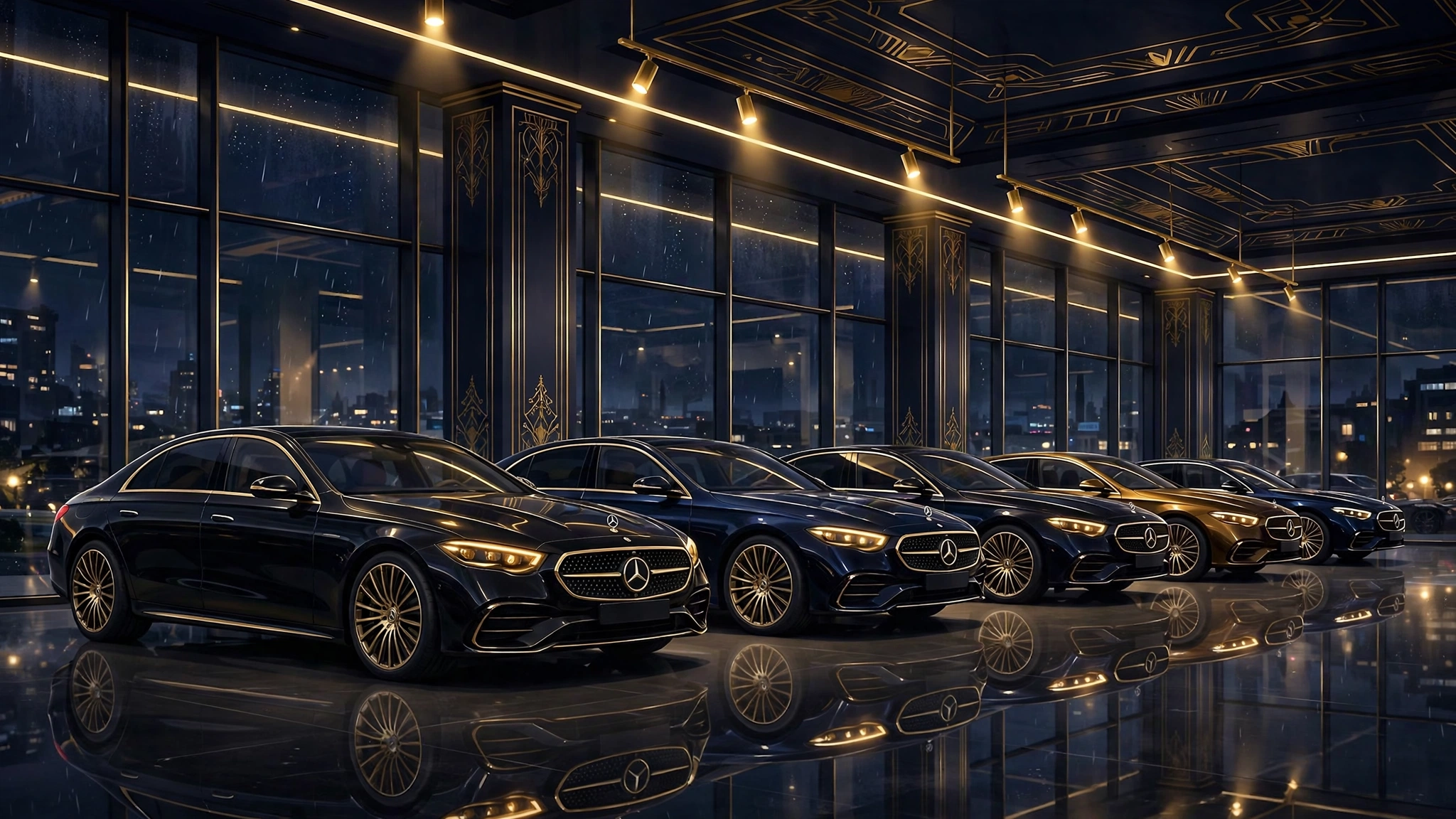 Mercedes-Benz showroom at night with luxury sedans — Dream Motor Group dealership empire
