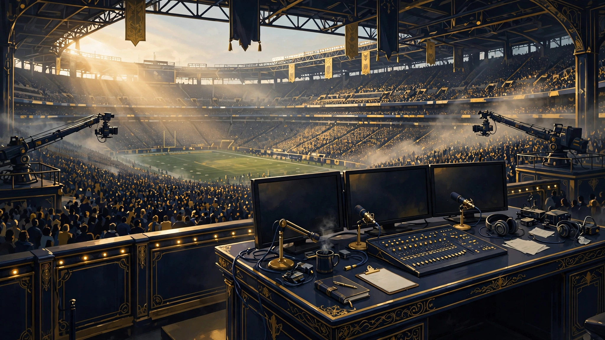College football broadcast desk at night stadium — ESPN College GameDay analyst era