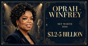 Oprah Winfrey net worth 2026 — estimated $3.2 to $5 billion fortune infographic