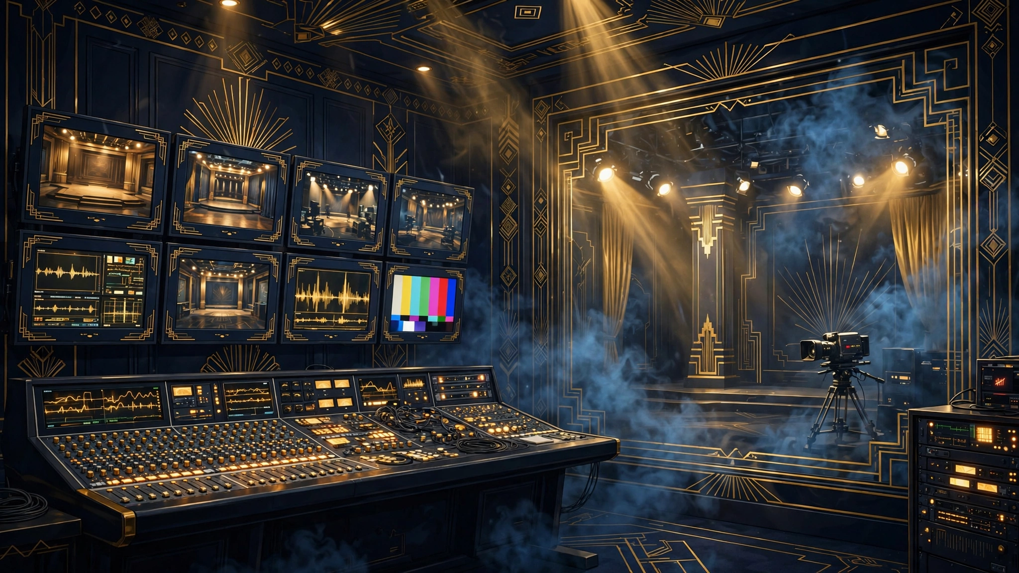 Illustrated television network control room and studio lights evoking Oprah Winfrey's OWN media venture