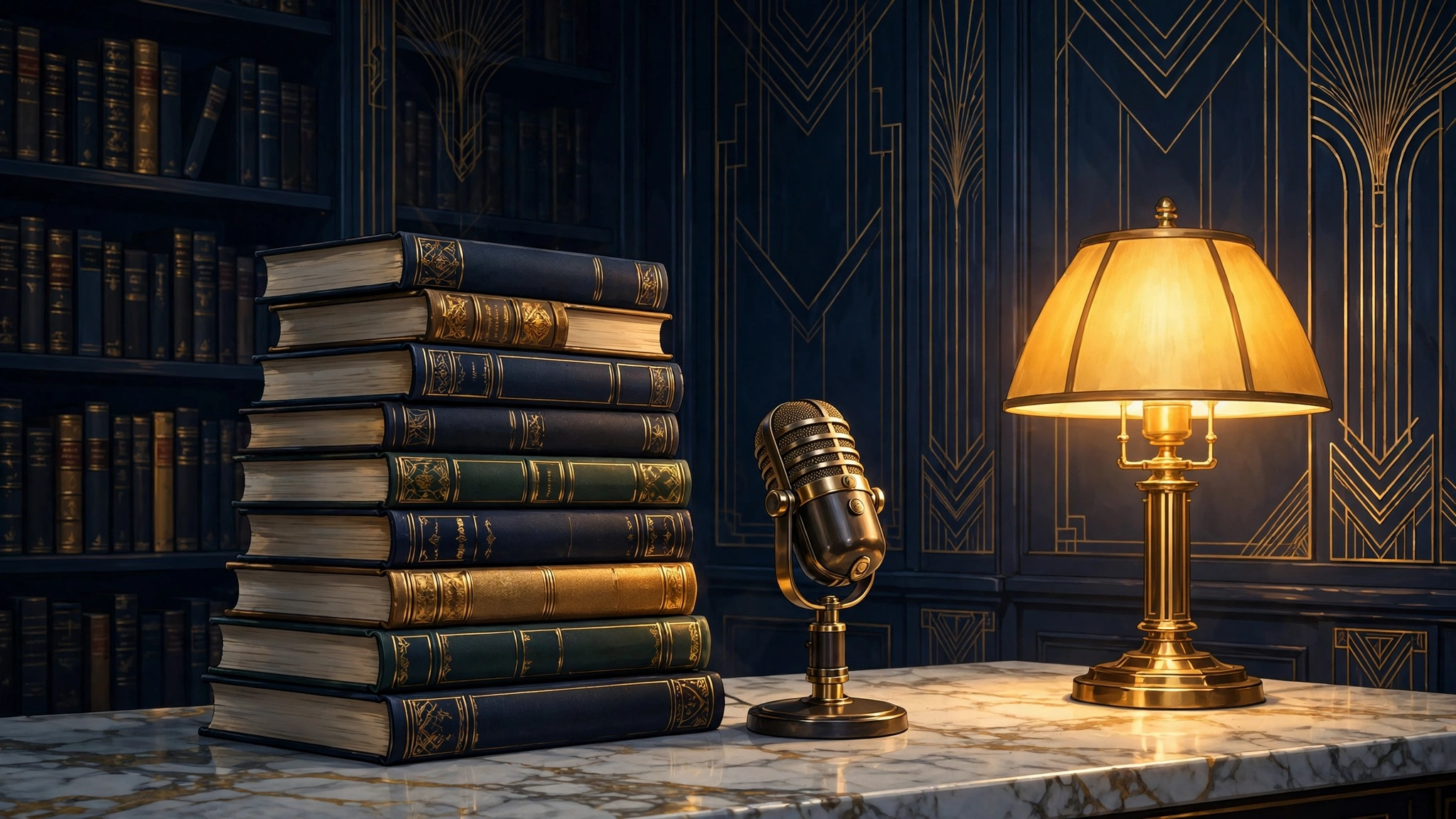Illustrated stack of books and a podcast microphone evoking Oprah Winfrey's book club and media ventures