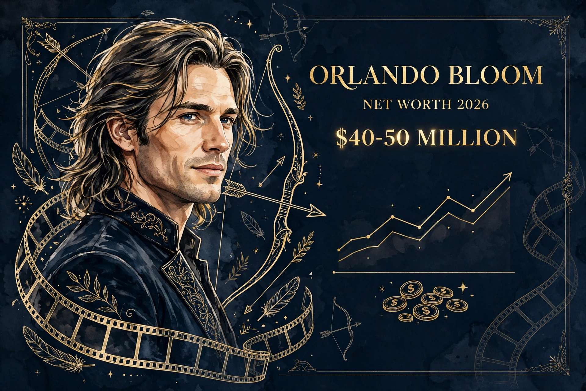 Orlando Bloom net worth 2026 — estimated $40 to $50 million fortune infographic