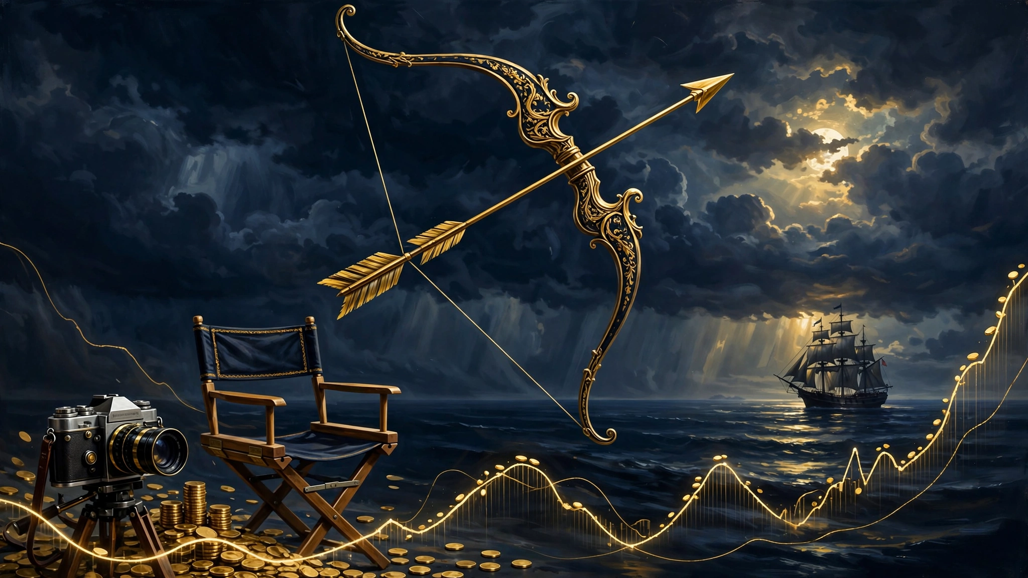Illustrated scene of Orlando Bloom's franchise career from fantasy epics to streaming television
