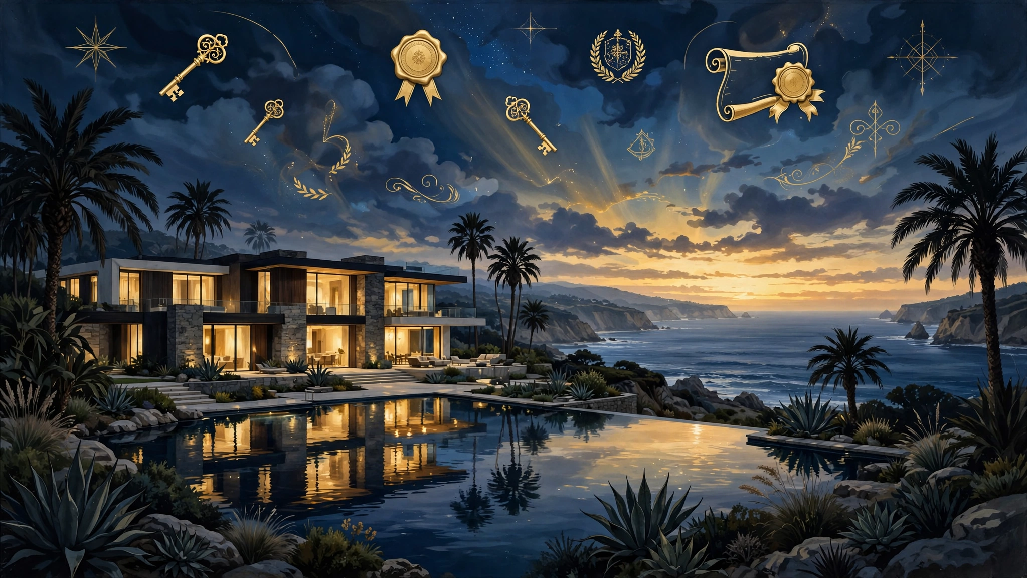 Illustrated California luxury real estate scene representing Orlando Bloom's property portfolio