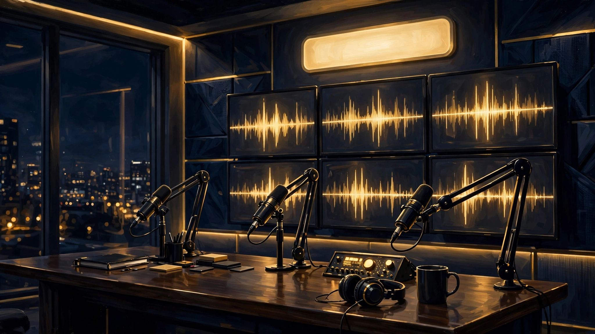 Broadcast studio desk with microphones and audio waveforms — The Pat McAfee Show ESPN licensing deal