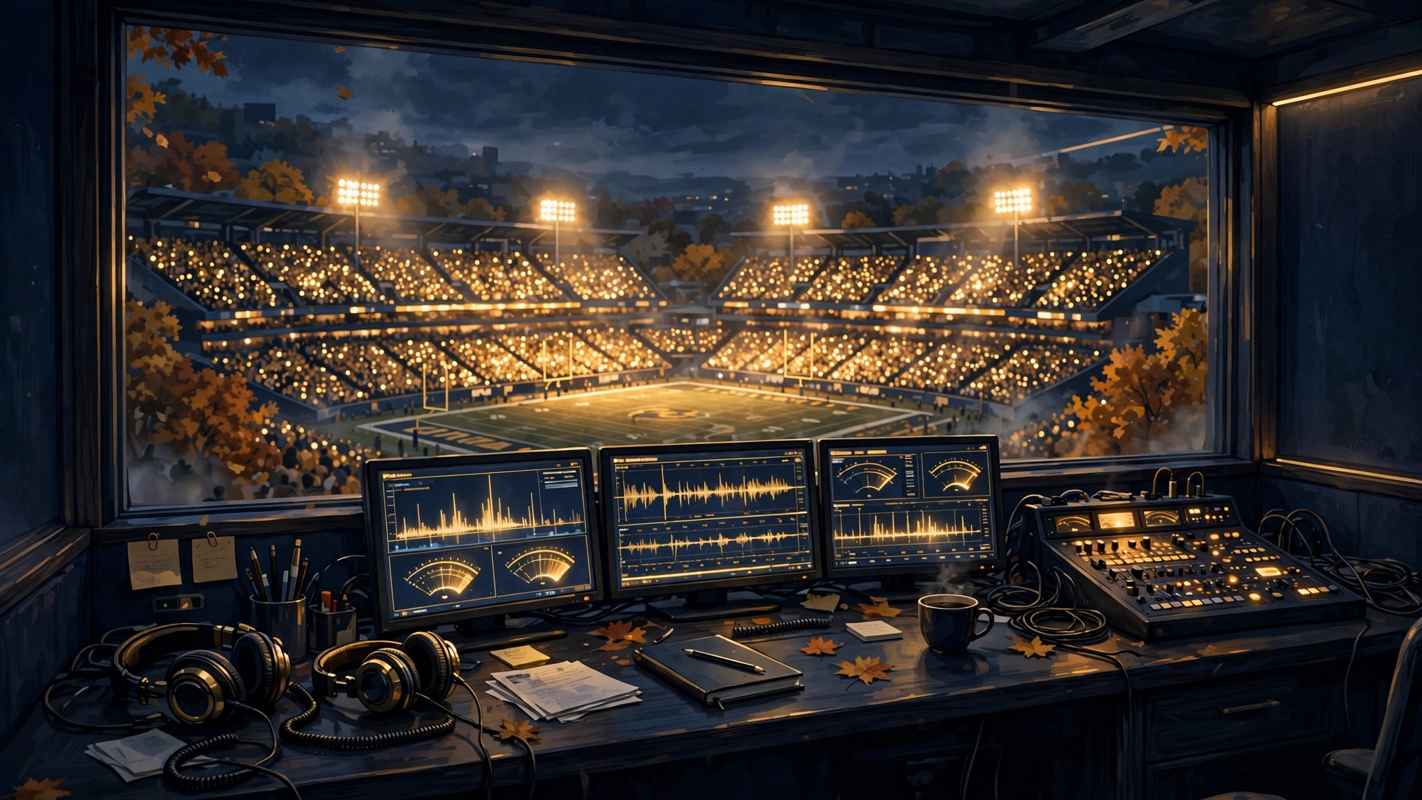 Stadium broadcast booth at dusk — College GameDay analyst era