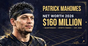 Patrick Mahomes net worth 2026 — estimated $150 to $160 million fortune infographic