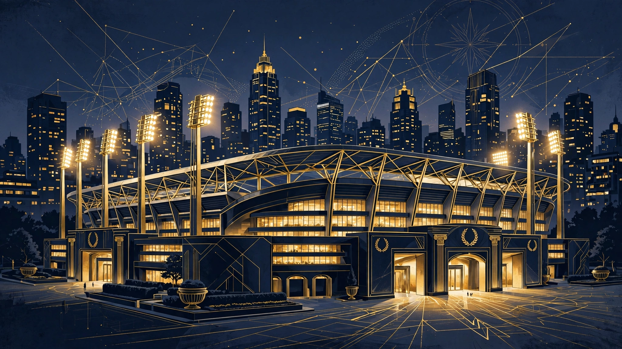 Illustrated soccer stadium at dusk — the Kansas City Current investment story