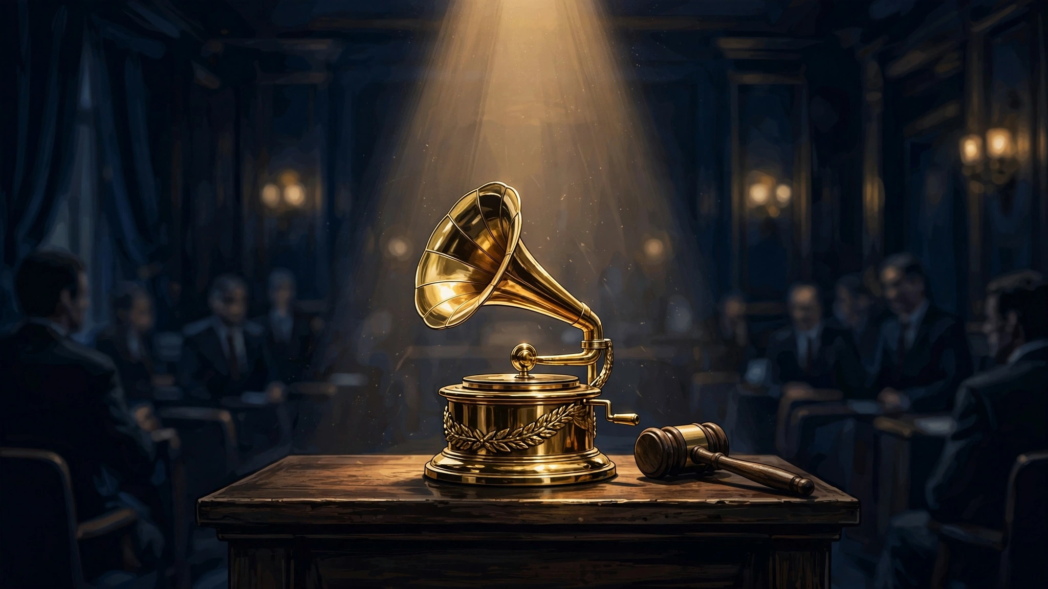 Illustrated scene of a 2000s-era auction house with a golden gramophone trophy under a spotlight, evoking Peabo Bryson's IRS asset auction