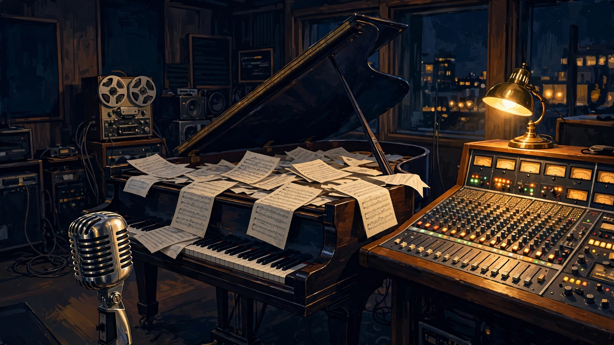 Illustrated vintage recording studio with a classic microphone and sheet music, evoking Peabo Bryson's unreleased final album Grace