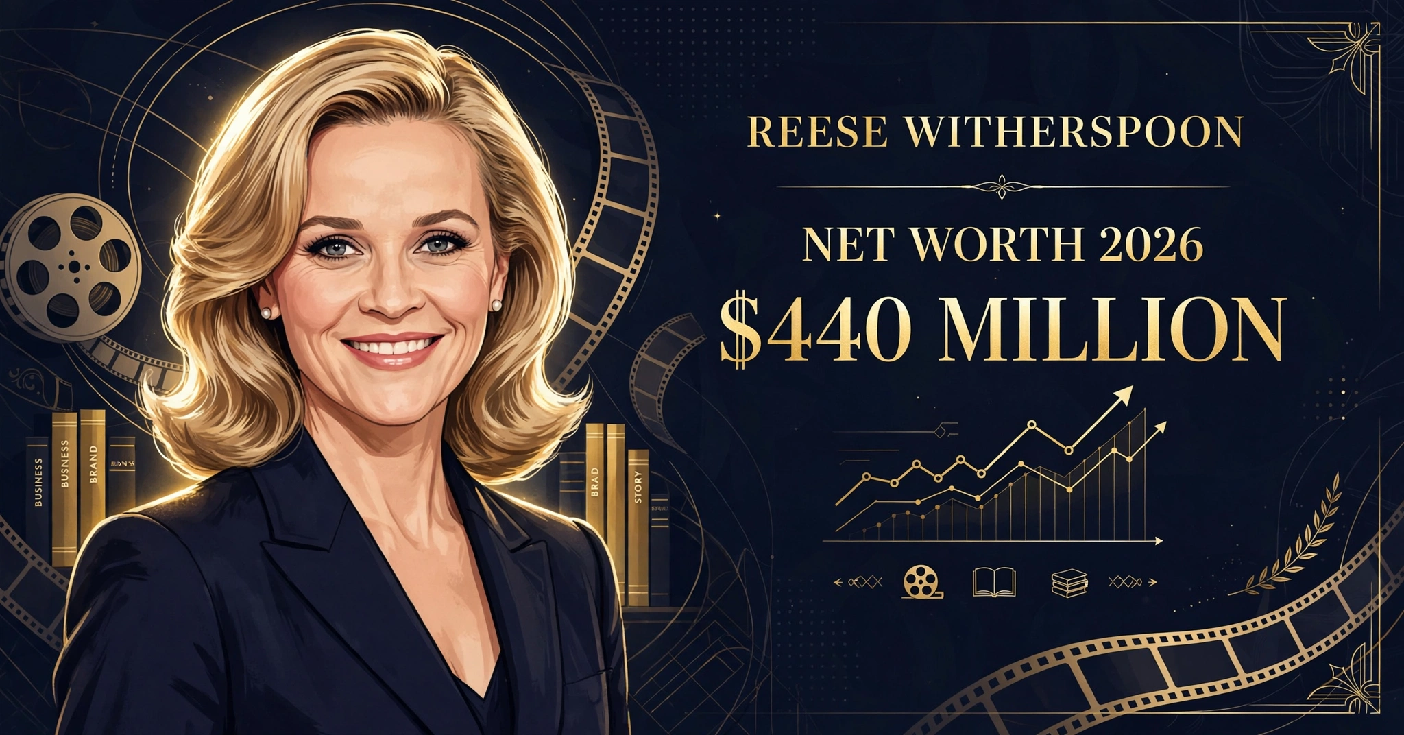 Reese Witherspoon net worth 2026 — estimated $400 to $440 million fortune infographic