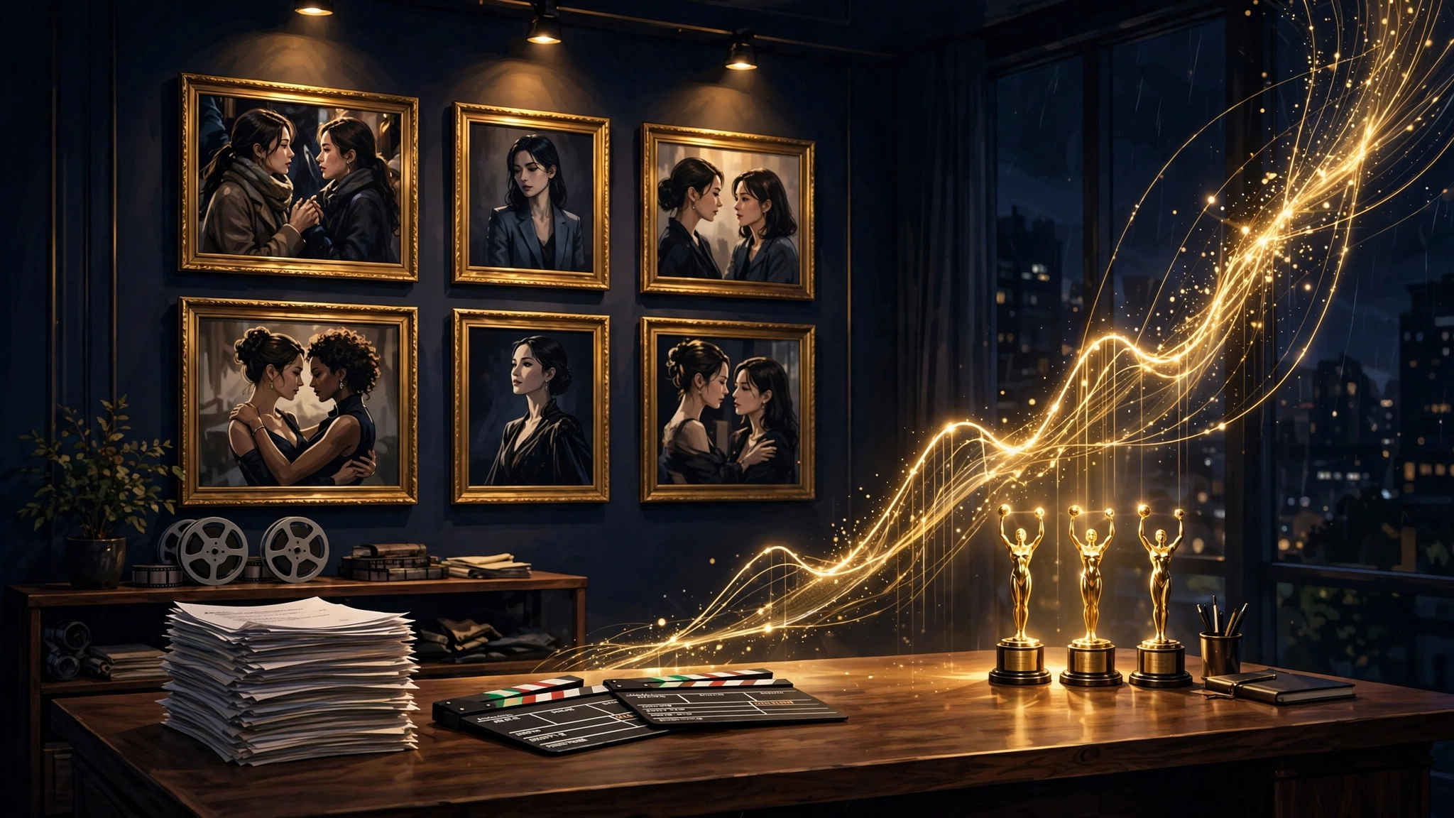 Illustrated production studio office with scripts and awards — Hello Sunshine media company