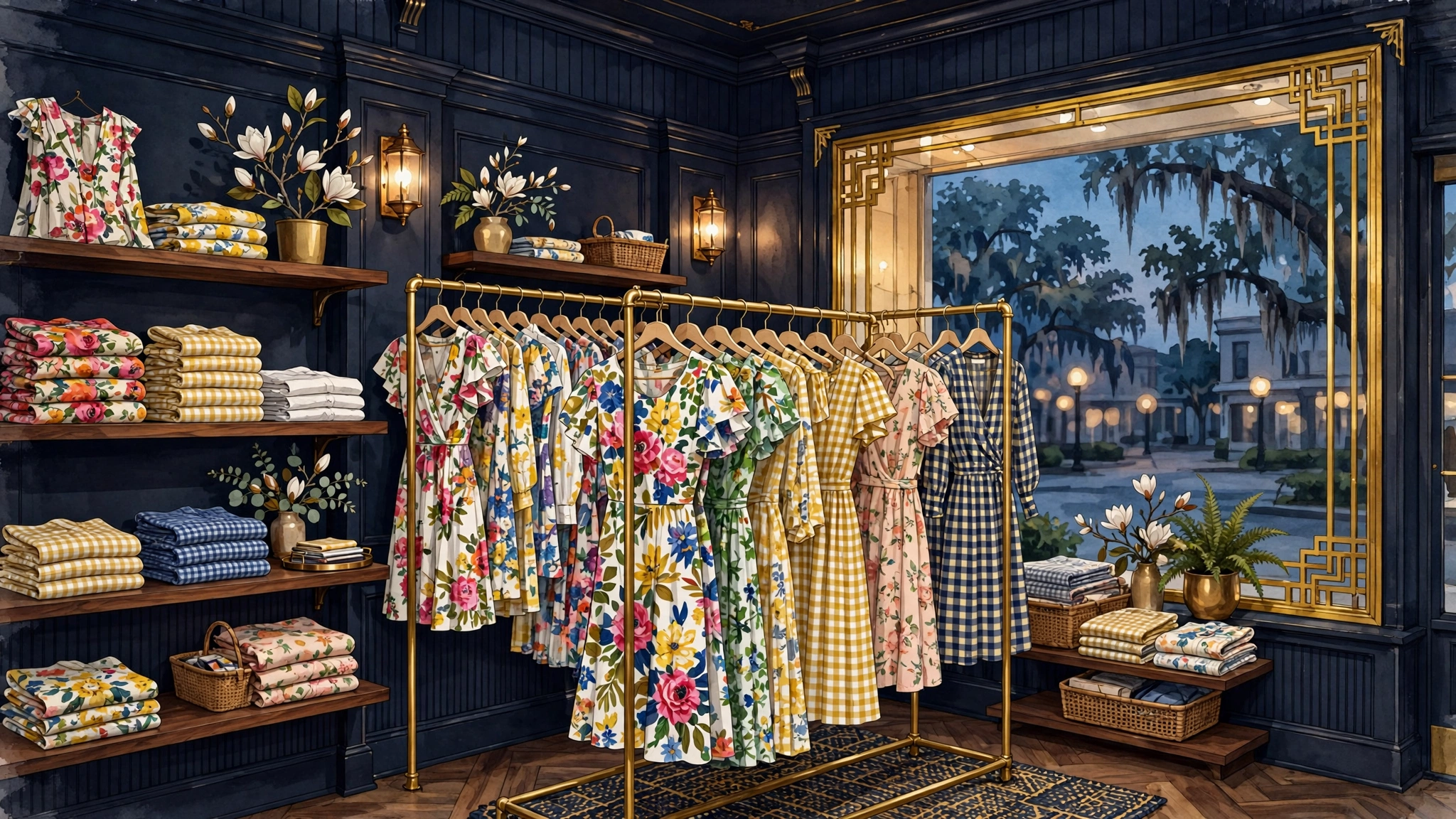 Illustrated Southern boutique interior with floral dresses — Draper James retail brand