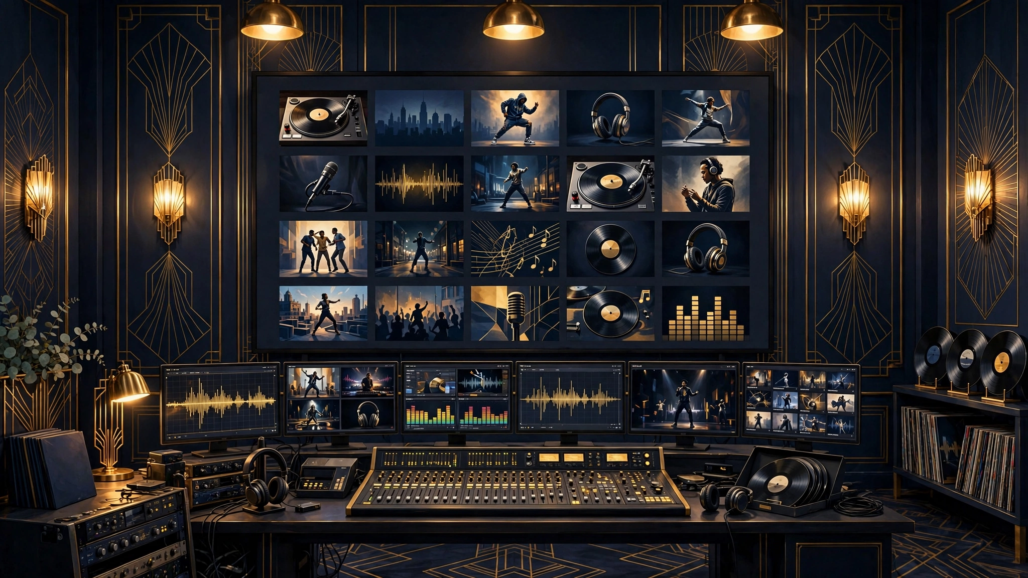 Illustrated streaming-platform control room with a large screen showing the Remy Network interface in navy and gold, hip-hop culture programming