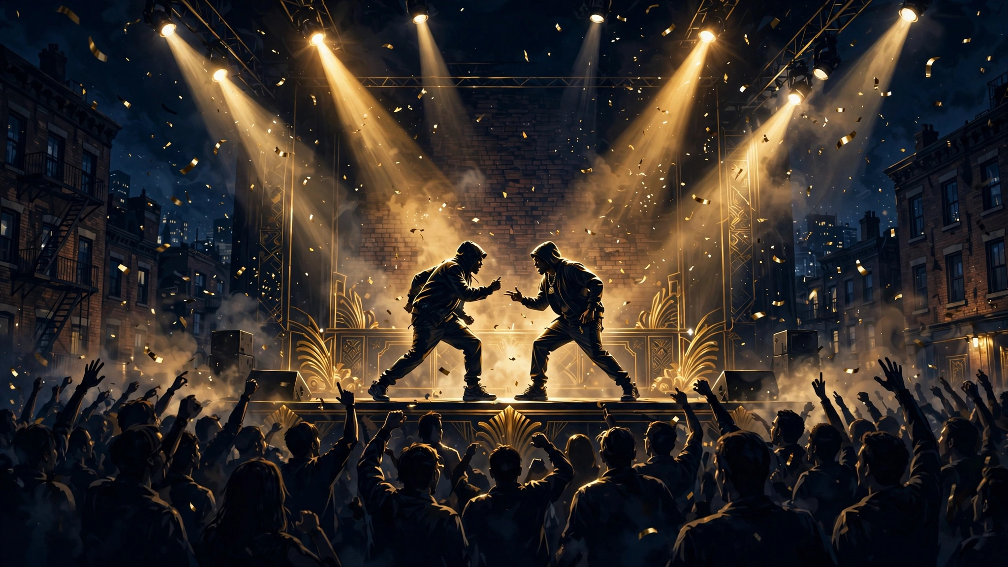 Illustrated battle-rap stage scene with two performers facing off under gold stage lights, Remy Ma's Chrome 23 league concept