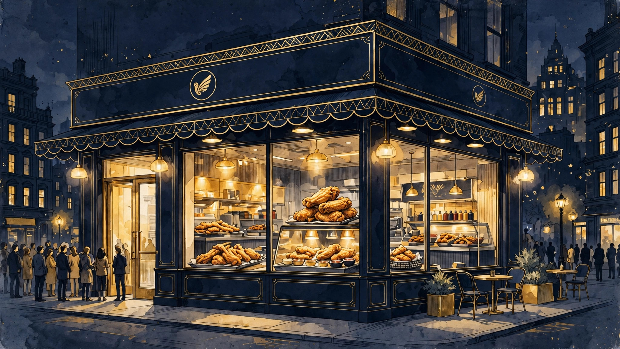 Illustrated Wingstop-style restaurant storefront with golden wings — Rick Ross' franchise empire