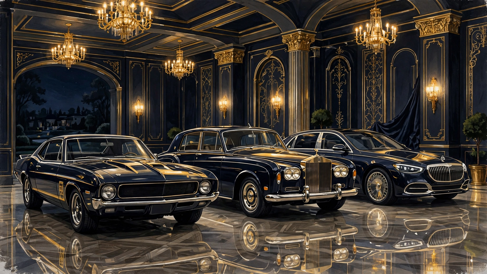 Illustrated luxury car collection and private jet — Rick Ross' Maybach lifestyle assets