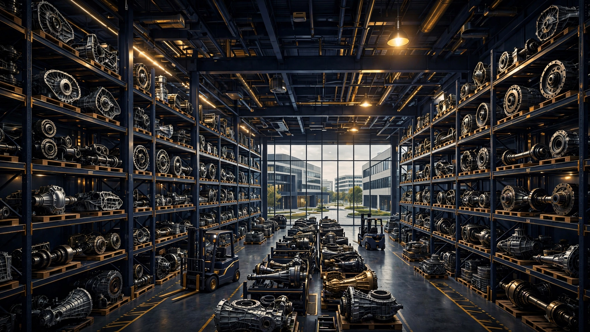 Illustrated scene of an auto-parts distribution warehouse and corporate headquarters representing the Transtar Industries fortune behind Ro Khanna's wealth