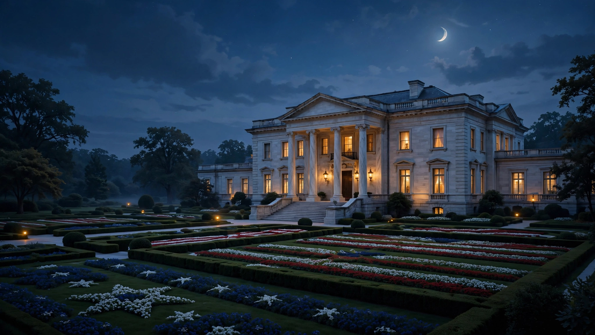 Illustrated grand Washington DC mansion at dusk with marble columns representing Ro Khanna's reported 8000 square foot residence