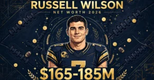 Russell Wilson net worth 2026 — estimated $165 to $185 million fortune infographic