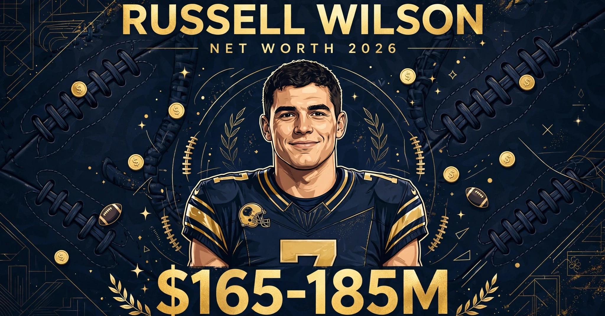 Russell Wilson net worth 2026 — estimated $165 to $185 million fortune infographic