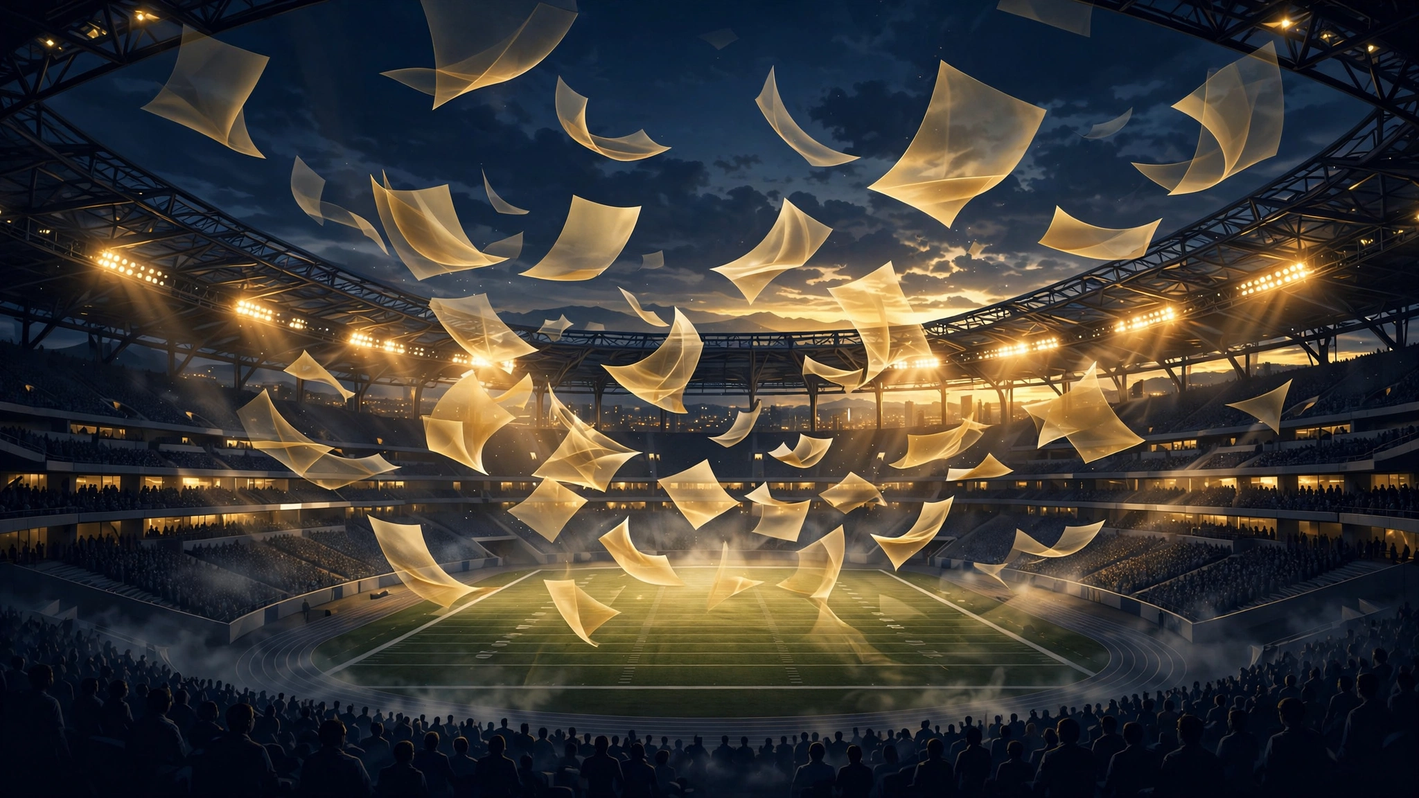 Illustrated Denver football stadium at dusk with floating contract document motifs representing Russell Wilson's record Broncos dead cap