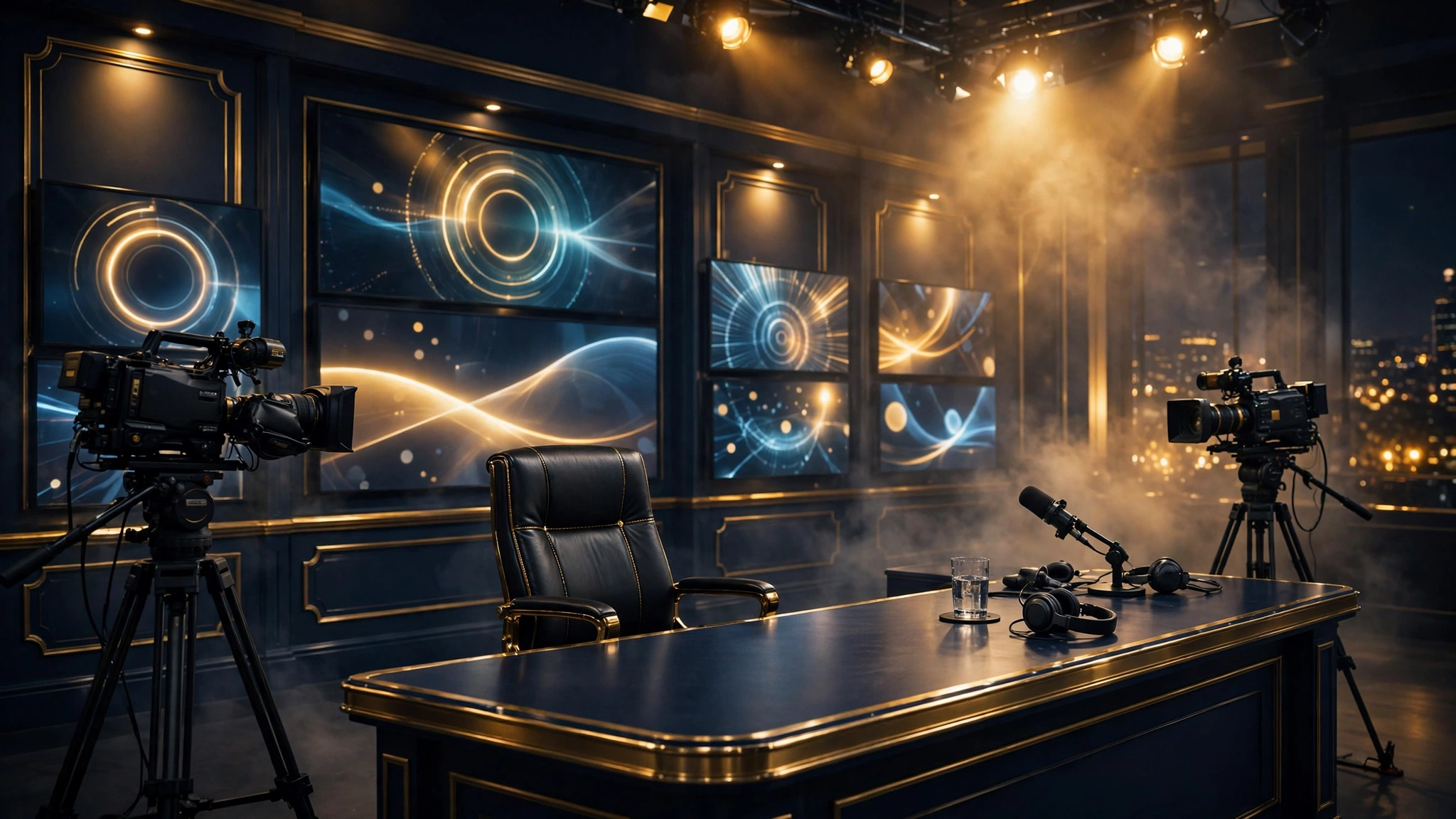 Illustrated television broadcast studio desk with cameras and lights representing Russell Wilson's CBS Sports analyst role