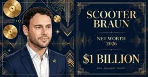 Scooter Braun net worth 2026 — estimated $500 million to $1 billion fortune infographic