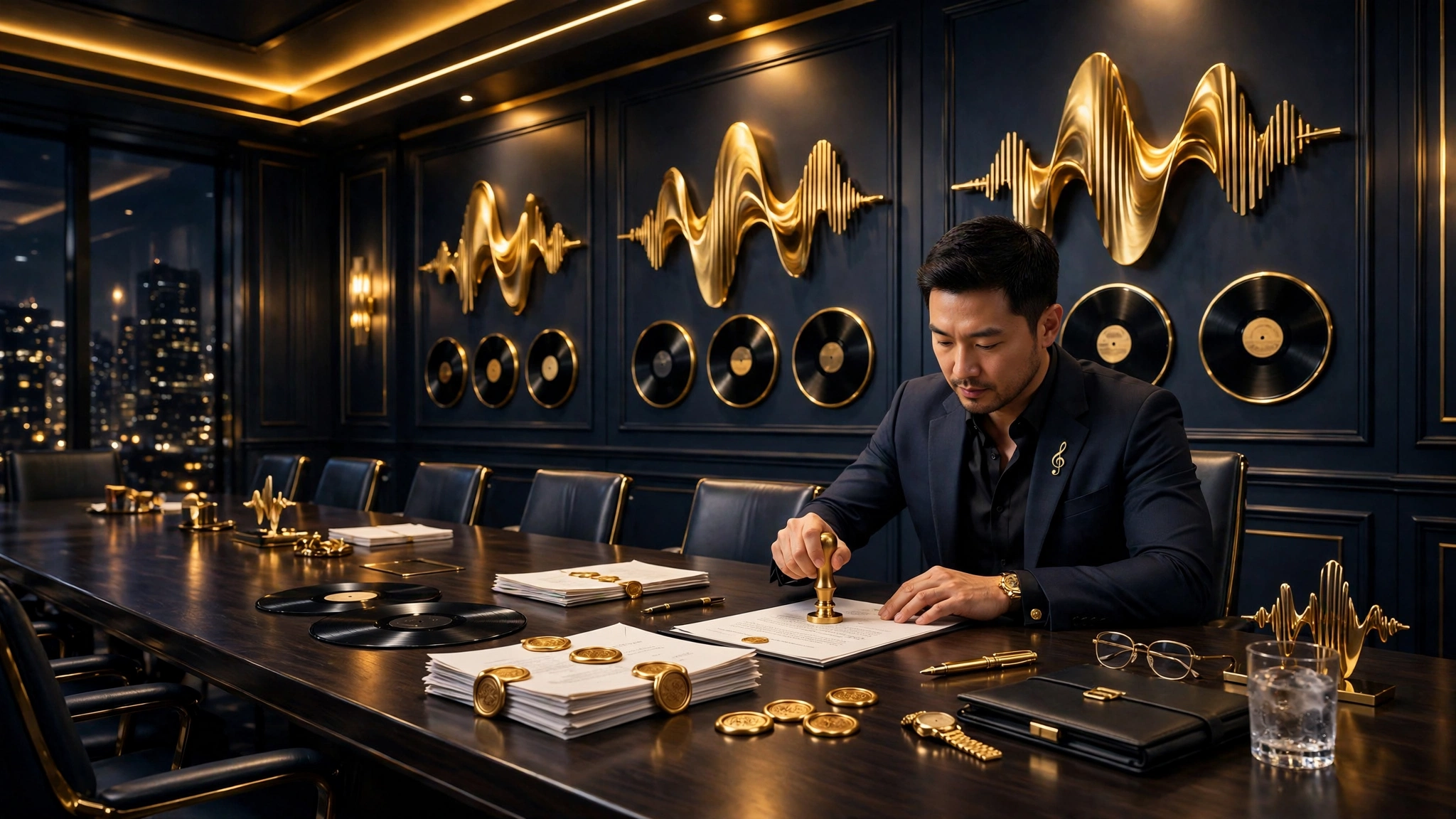 Illustrated scene of a music executive closing a billion-dollar boardroom deal, gold and navy tones