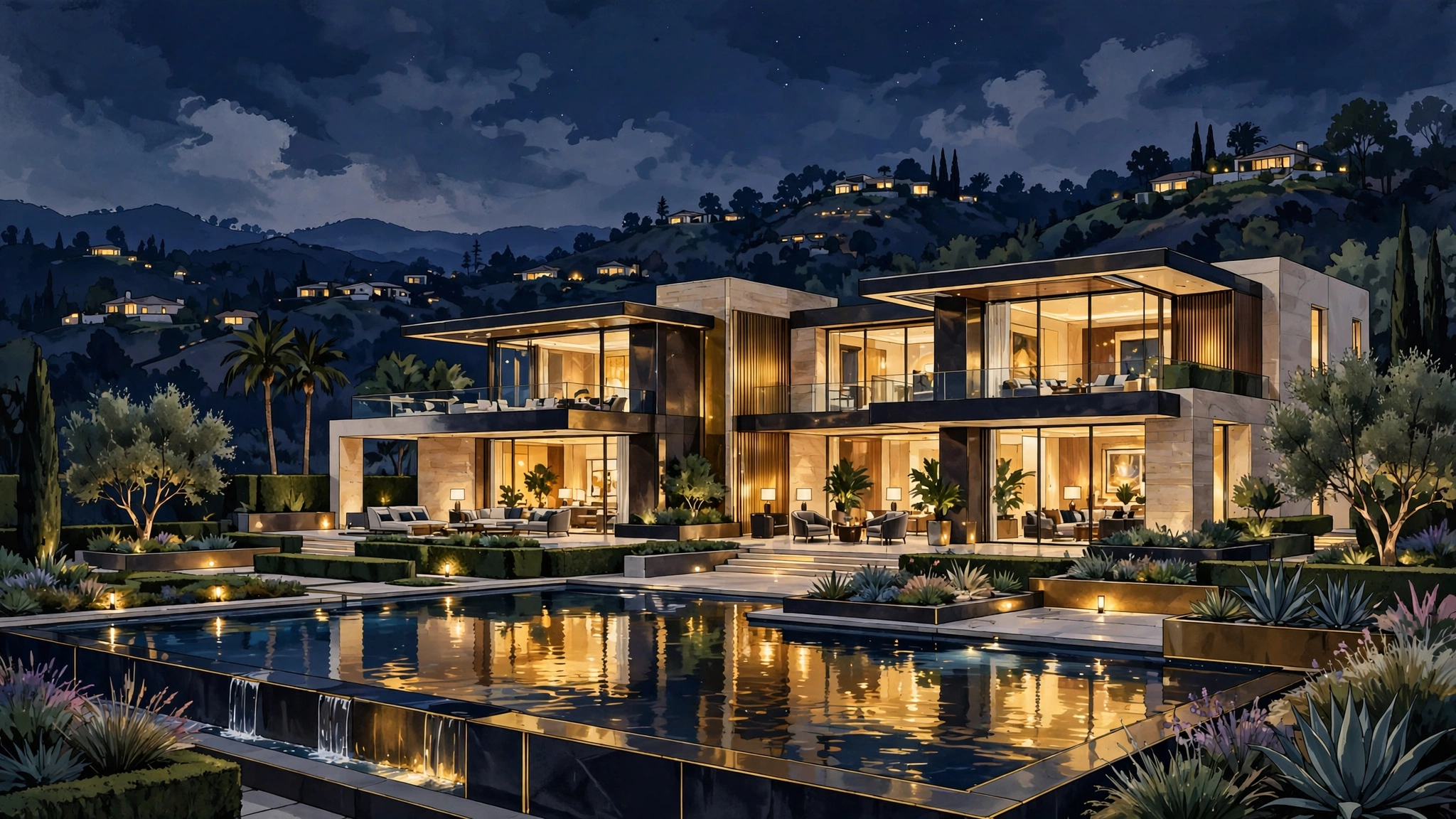 Illustrated luxury Brentwood-style mansion at dusk, gold and navy tones
