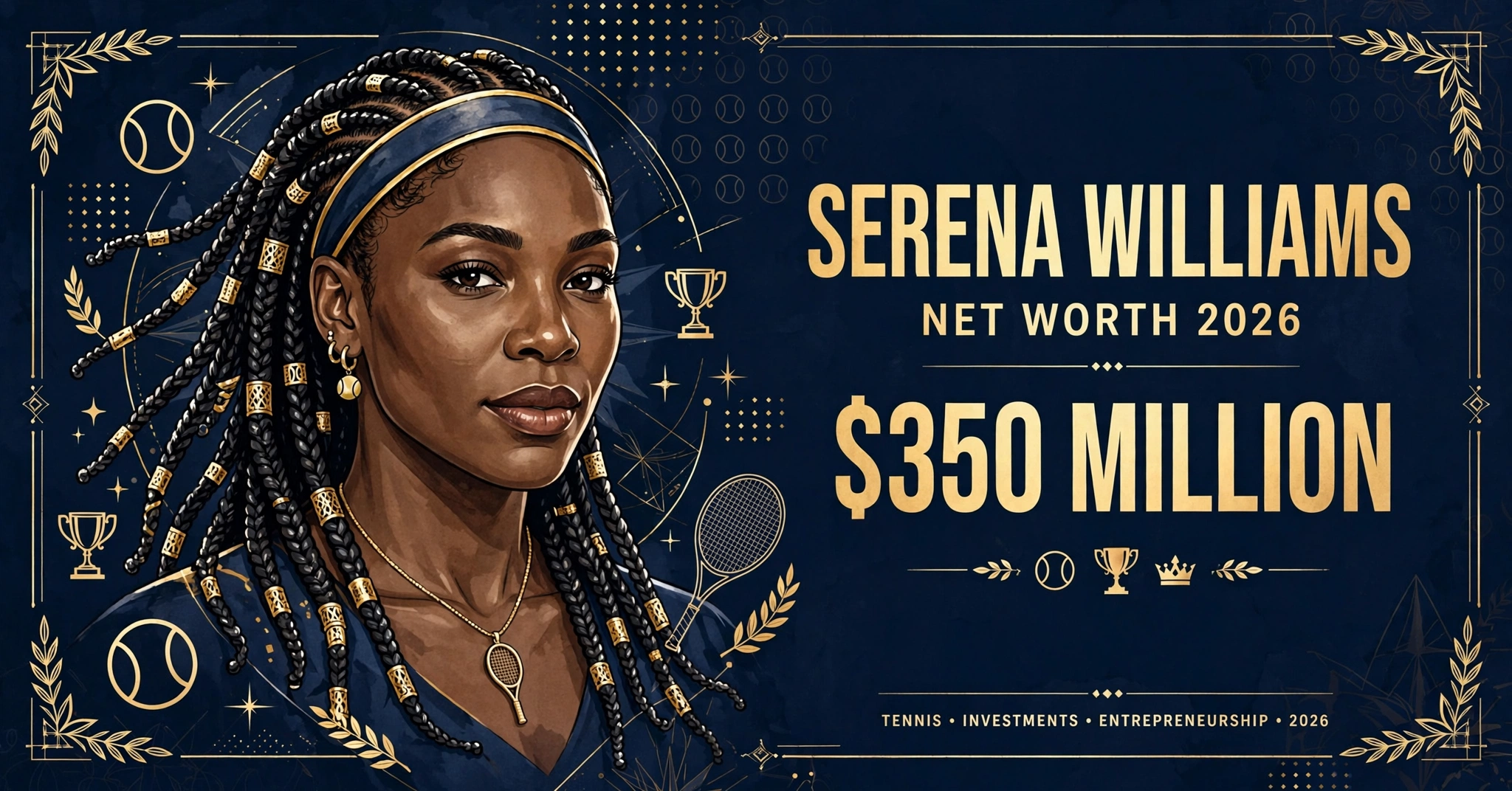 Serena Williams net worth 2026 — estimated $300 to $400 million fortune infographic